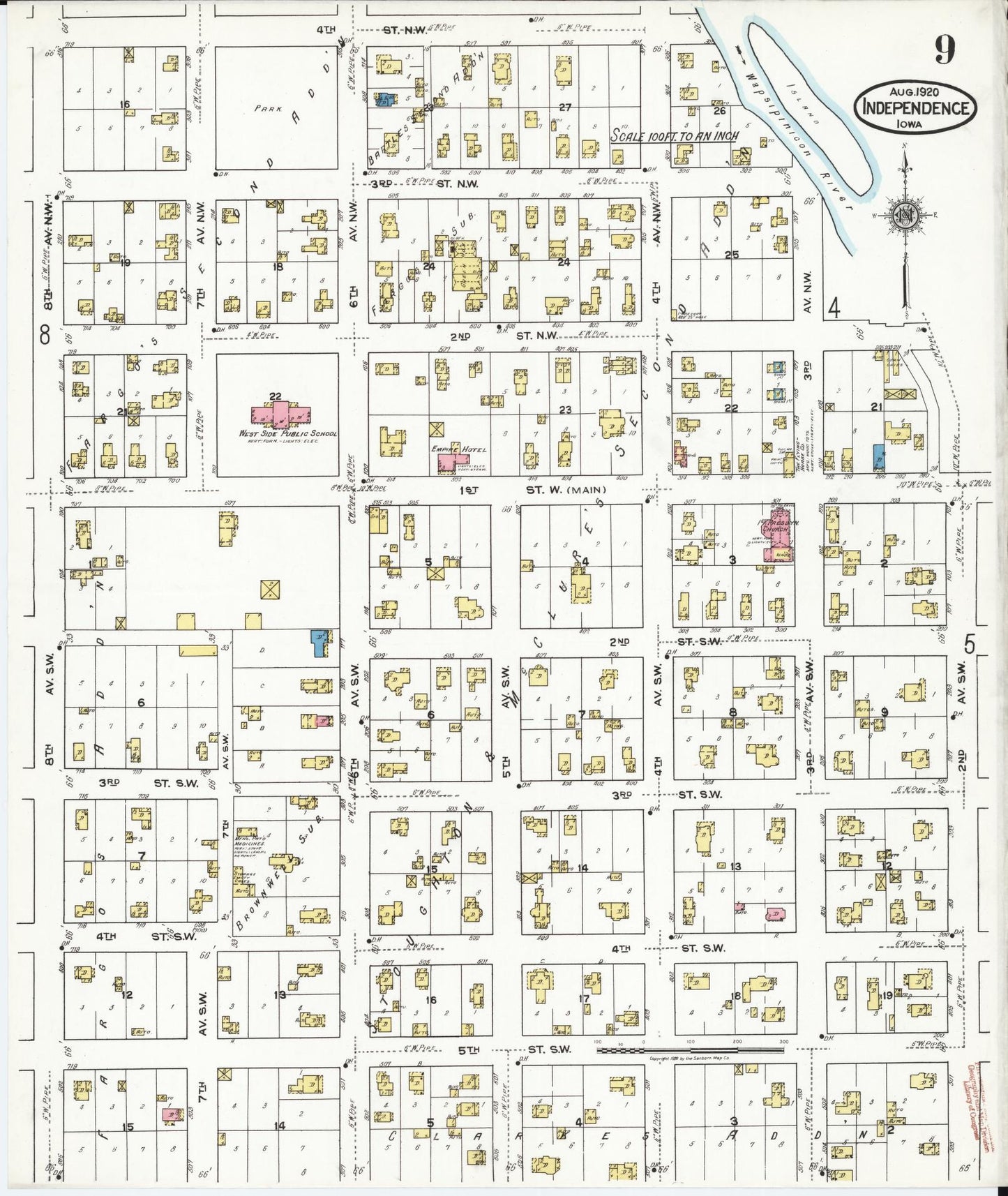 Sanborn Fire Insurance Map from Independence, Buchanan County, Iowa (1920), Sheet #0009 - Historic Sanborn Fire Insurance Map Print, vintage old map wall art