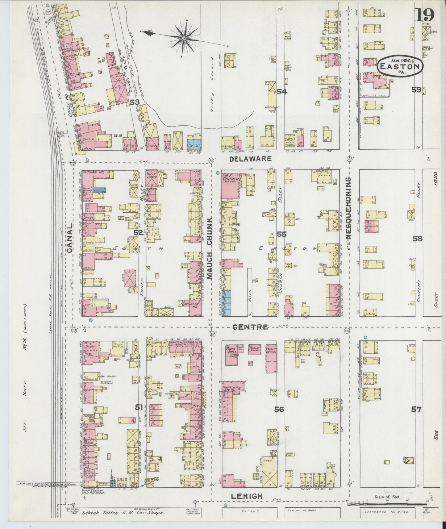 Sanborn Fire Insurance Map from Easton, Northampton County, Pennsylvania (1892), Sheet #0019 - Historic Sanborn Fire Insurance Map Print, vintage old map wall art, antique decor, genealogy gift, Pennsylvania Pennsylvania map