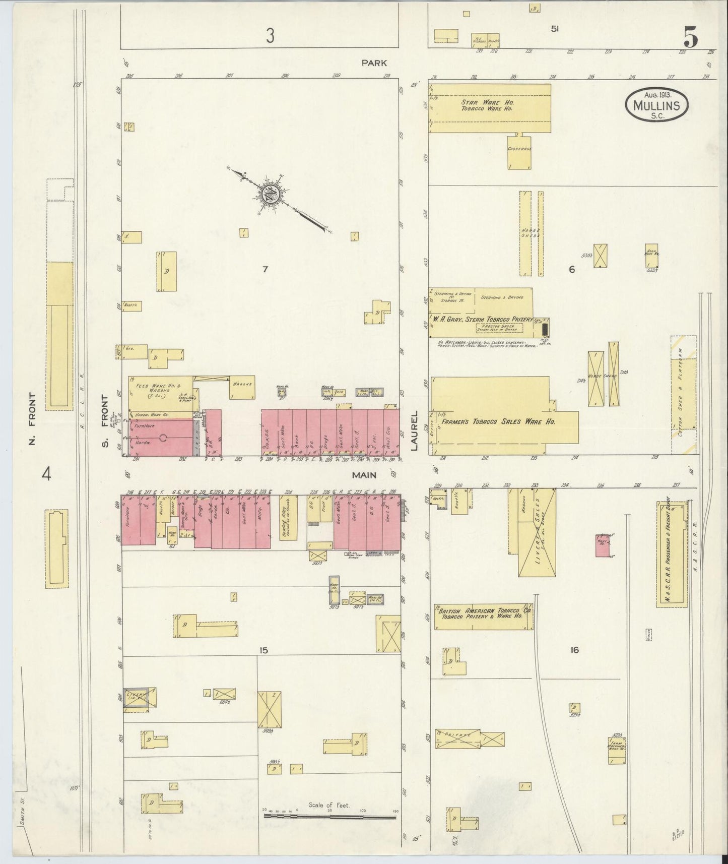 Sanborn Fire Insurance Map from Mullins, Marion County, South Carolina (1913), Sheet #0005 - Complete Map Set gallery image, historic Sanborn map, vintage wall art, South Carolina South Carolina