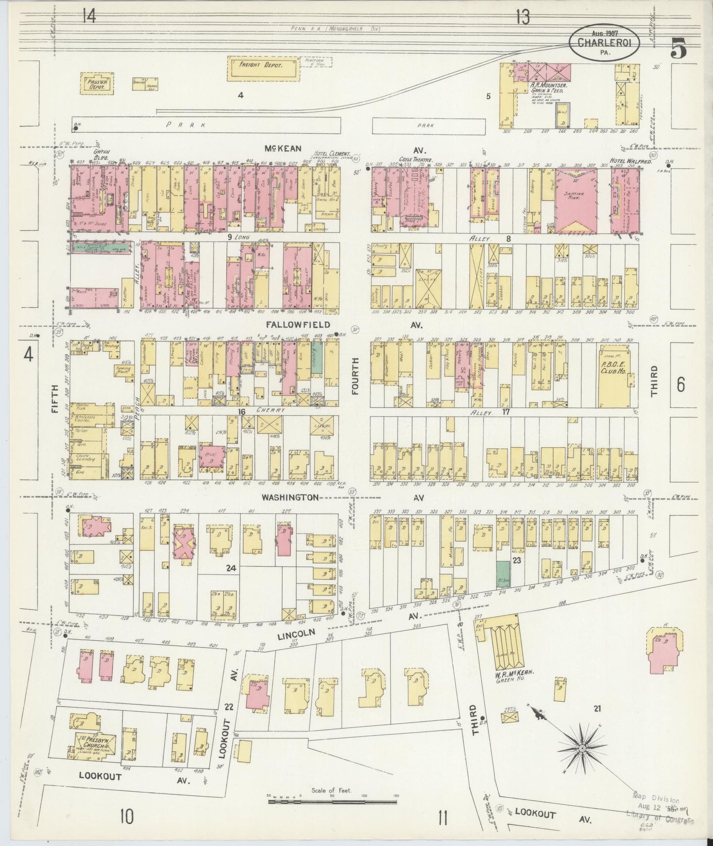 Sanborn Fire Insurance Map from Charleroi, Washington County, Pennsylvania (1907), Sheet #0005 - Historic Sanborn Fire Insurance Map Print, vintage old map wall art, antique decor, genealogy gift, Pennsylvania Pennsylvania map