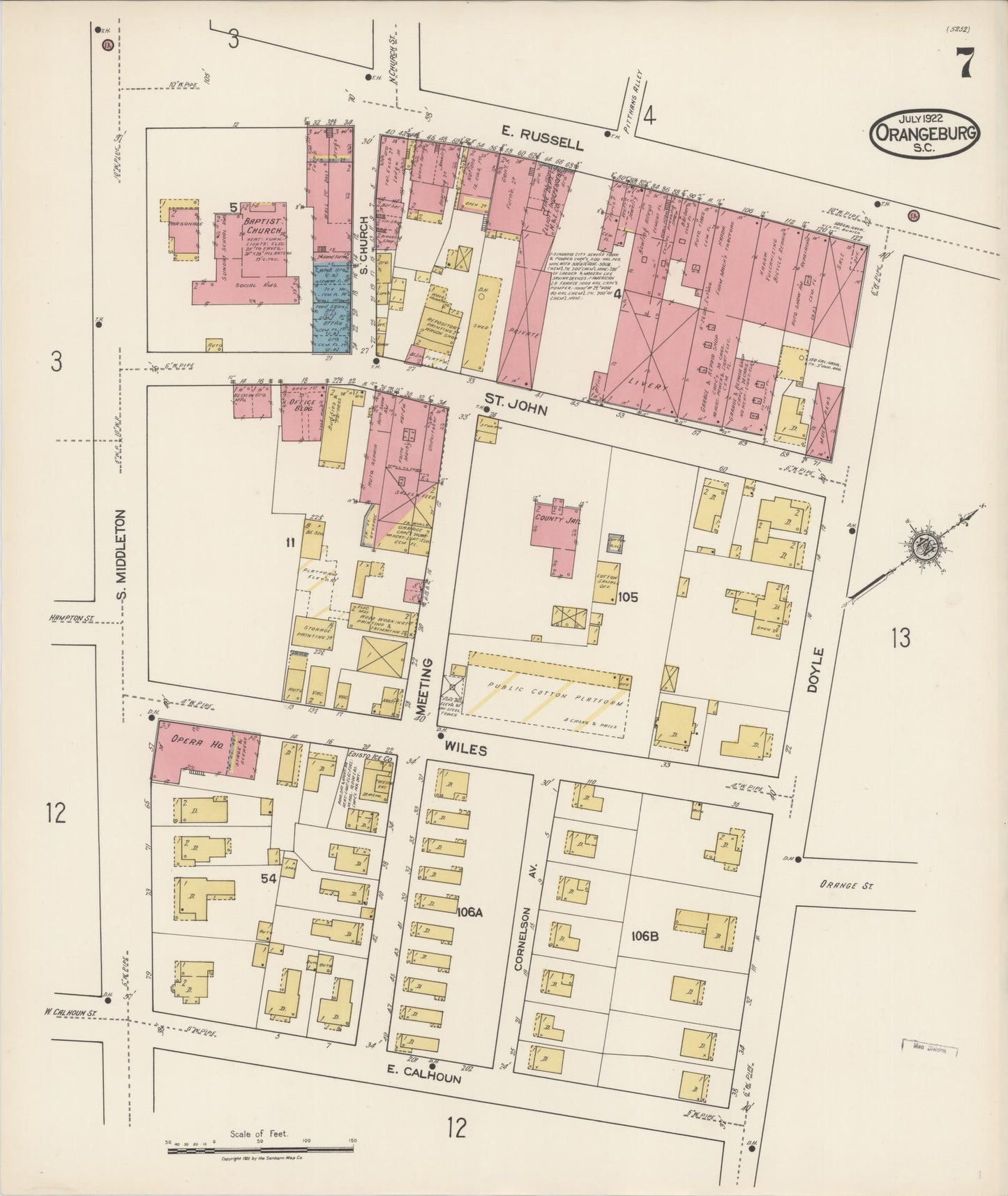 Sanborn Fire Insurance Map from Orangeburg, Orangeburg County, South Carolina (1922), Sheet #0007 - Historic Sanborn Fire Insurance Map Print, vintage old map wall art, antique decor, genealogy gift, South Carolina South Carolina map