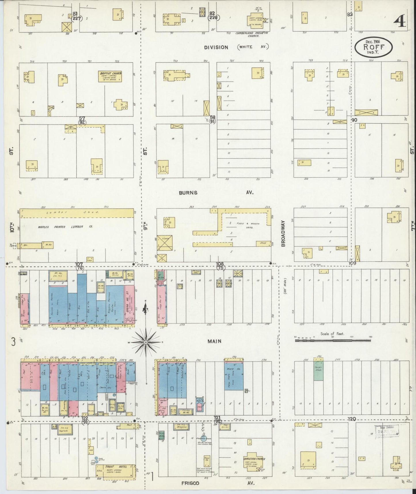 Sanborn Fire Insurance Map from Roff, Pontotoc County, Oklahoma (1906), Sheet #0004 - Historic Sanborn Fire Insurance Map Print, vintage old map wall art, antique decor, genealogy gift, Oklahoma Oklahoma map