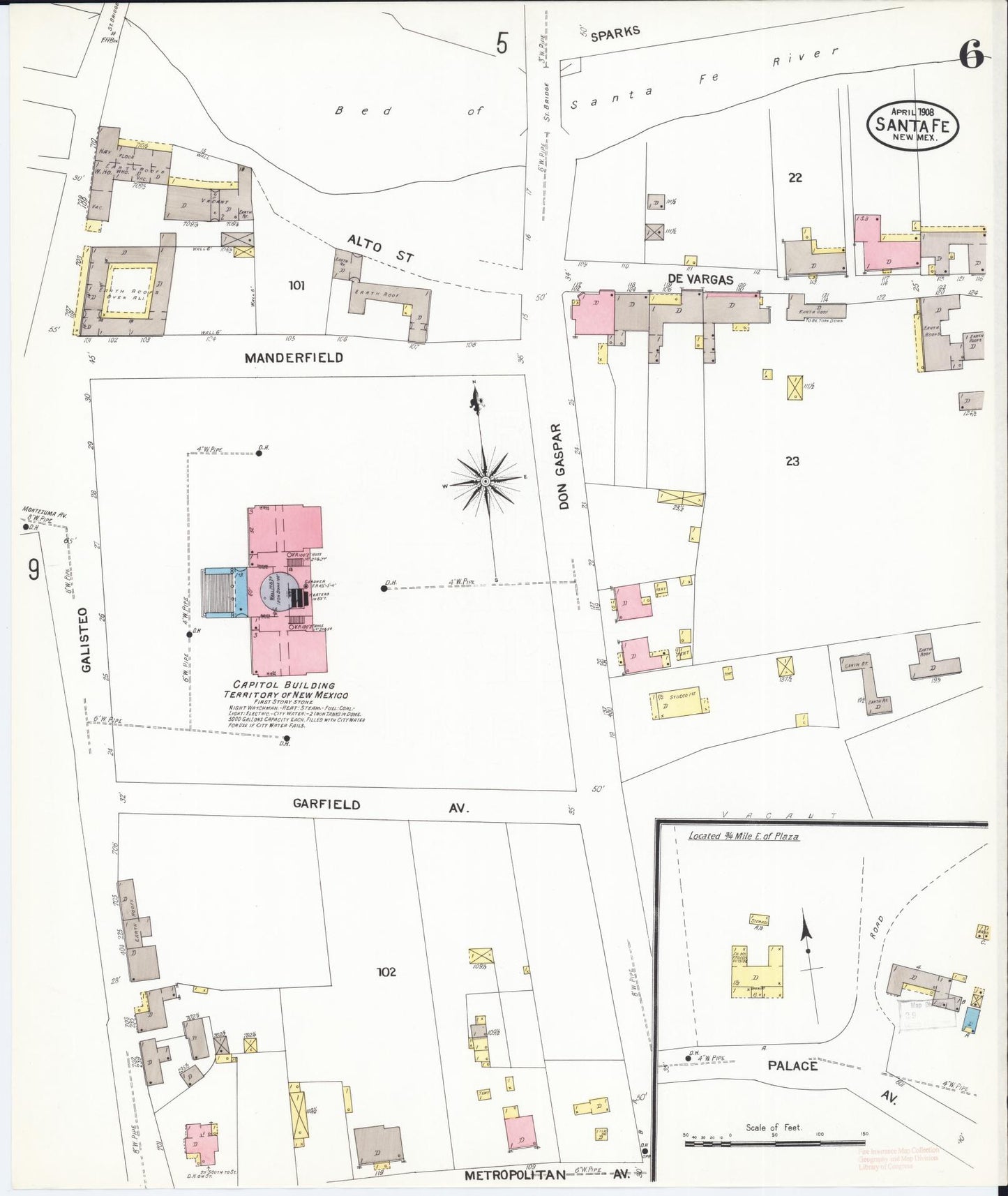 Sanborn Fire Insurance Map from Santa Fe, Santa Fe County, New Mexico (1908), Sheet #0006 - Historic Sanborn Fire Insurance Map Print, vintage old map wall art, antique decor, genealogy gift, New Mexico New Mexico map