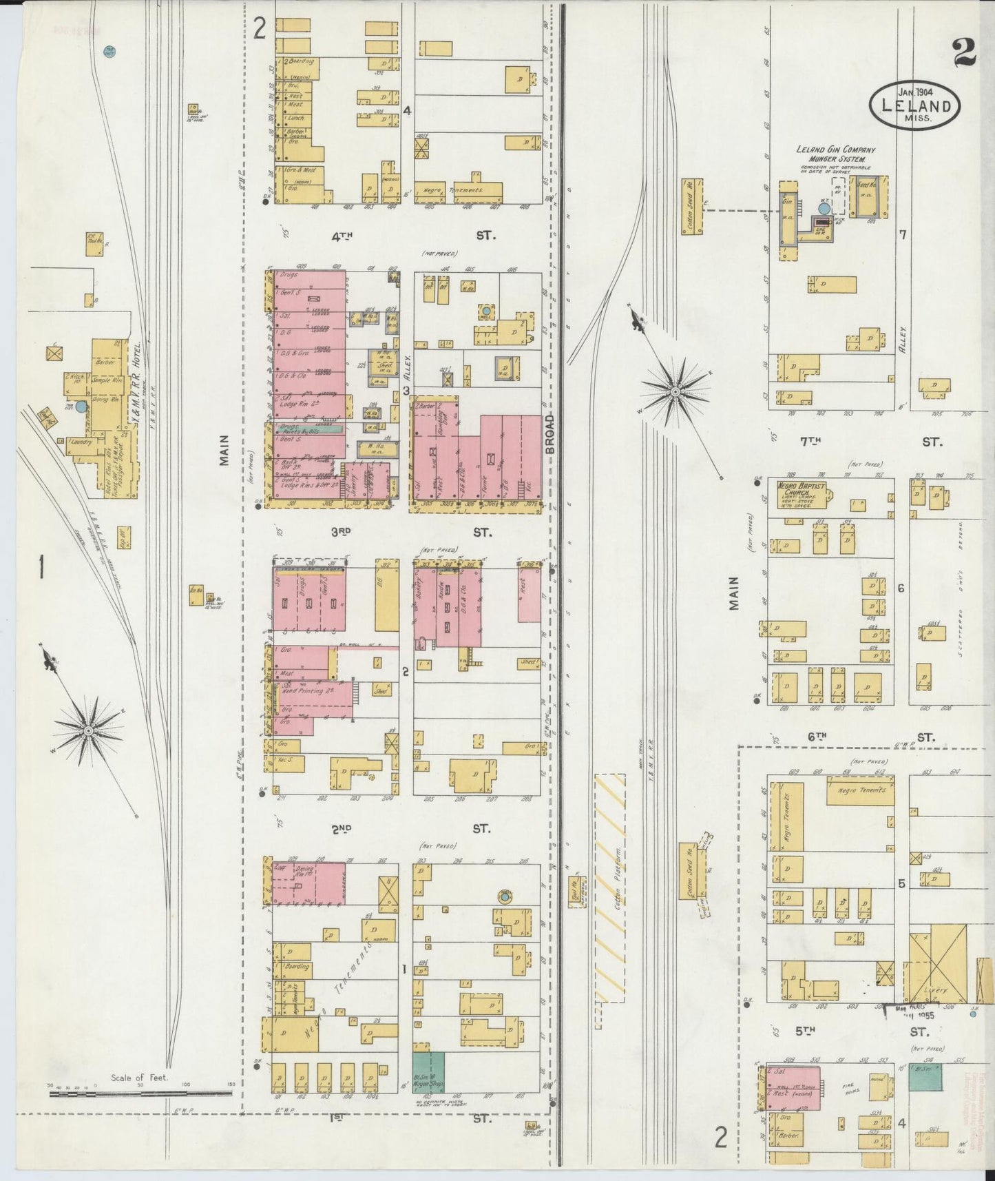 Sanborn Fire Insurance Map from Leland, Washington County, Mississippi (1904), Sheet #0002 - Historic Sanborn Fire Insurance Map Print, vintage old map wall art, antique decor, genealogy gift, Mississippi Mississippi map