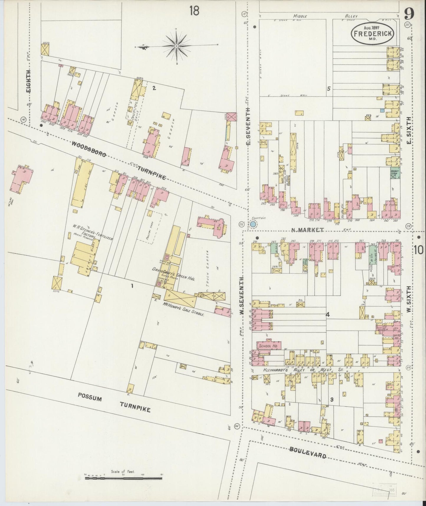 Frederick, Maryland - 1897 - Sanborn Fire Insurance Map, Sheet #0009 - Historic Sanborn Fire Insurance Map Print, Frederick Maryland 1897 0009 vintage old map wall art