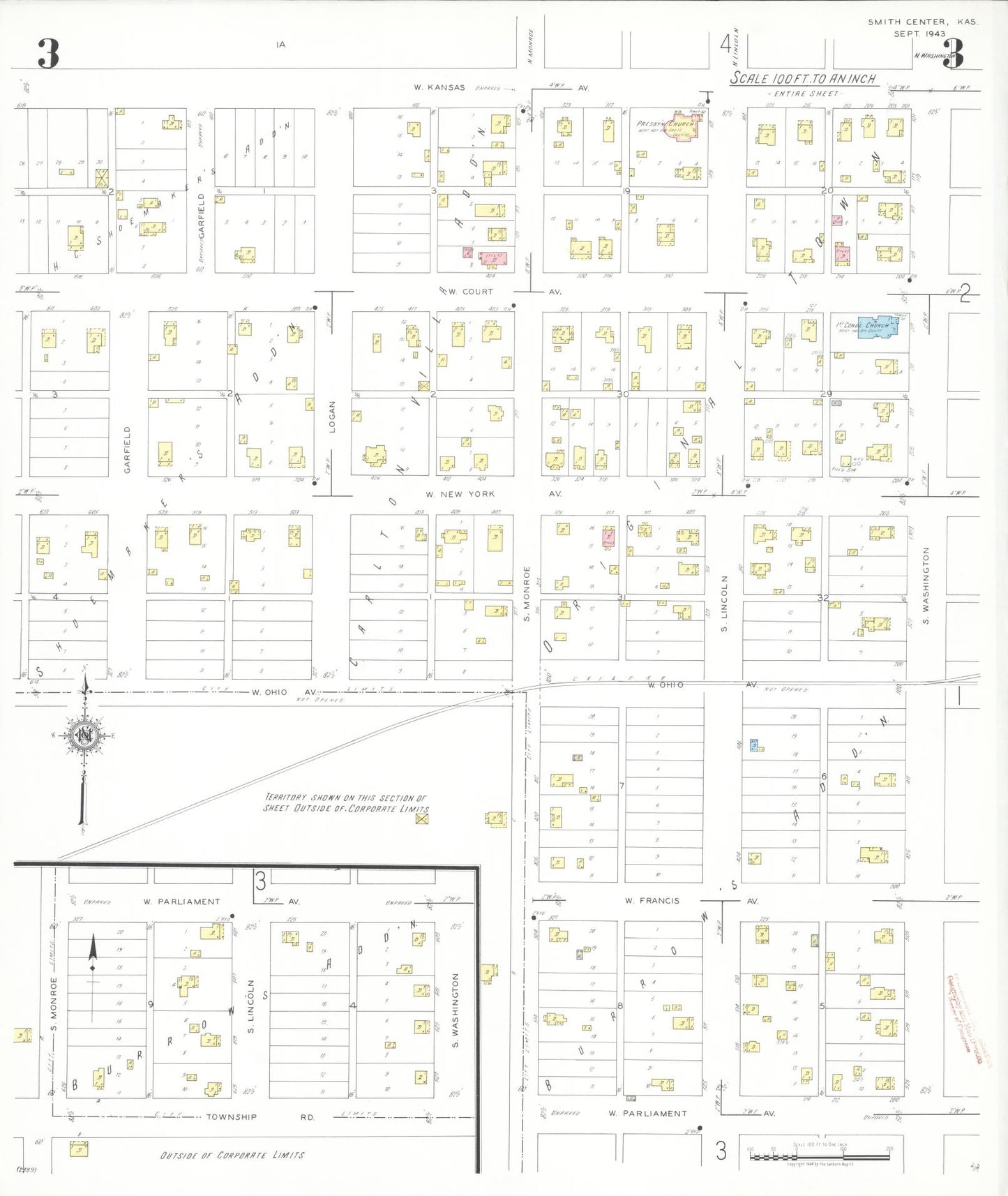 Sanborn Fire Insurance Map from Smith Center, Smith County, Kansas (1943), Sheet #0003 - Historic Sanborn Fire Insurance Map Print, vintage old map wall art, antique decor, genealogy gift, Kansas Kansas map