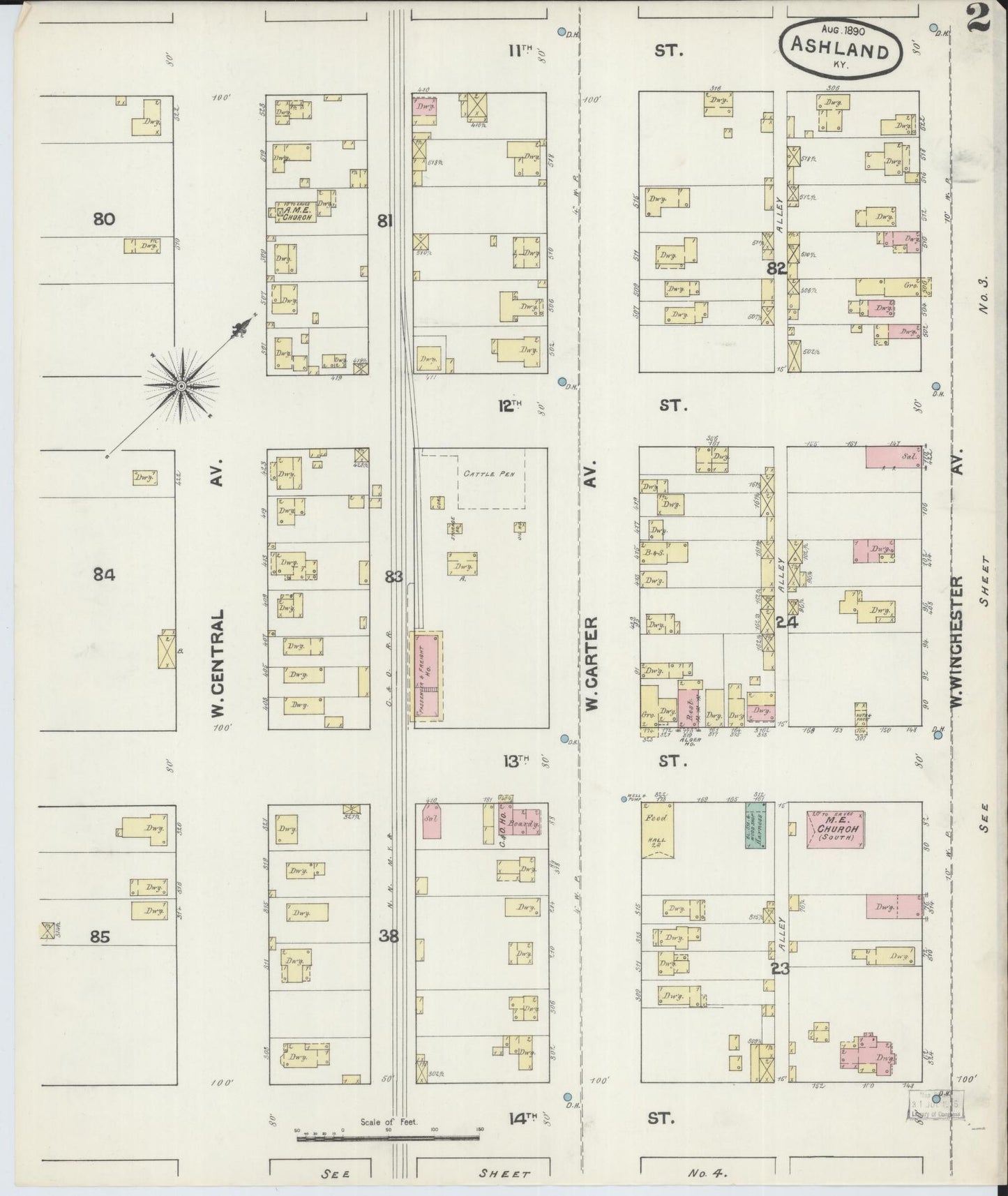 Sanborn Fire Insurance Map from Ashland, Boyd County, Kentucky (1890), Sheet #0002 - Historic Sanborn Fire Insurance Map Print, vintage old map wall art, antique decor, genealogy gift, Kentucky Kentucky map