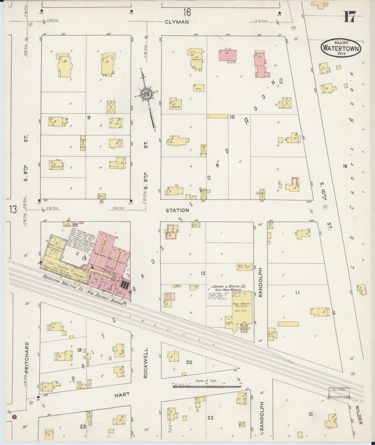 Sanborn Fire Insurance Map from Watertown, Jefferson County, Wisconsin (1915), Sheet #0018 - Historic Sanborn Fire Insurance Map Print, vintage old map wall art, antique decor, genealogy gift, Wisconsin Wisconsin map
