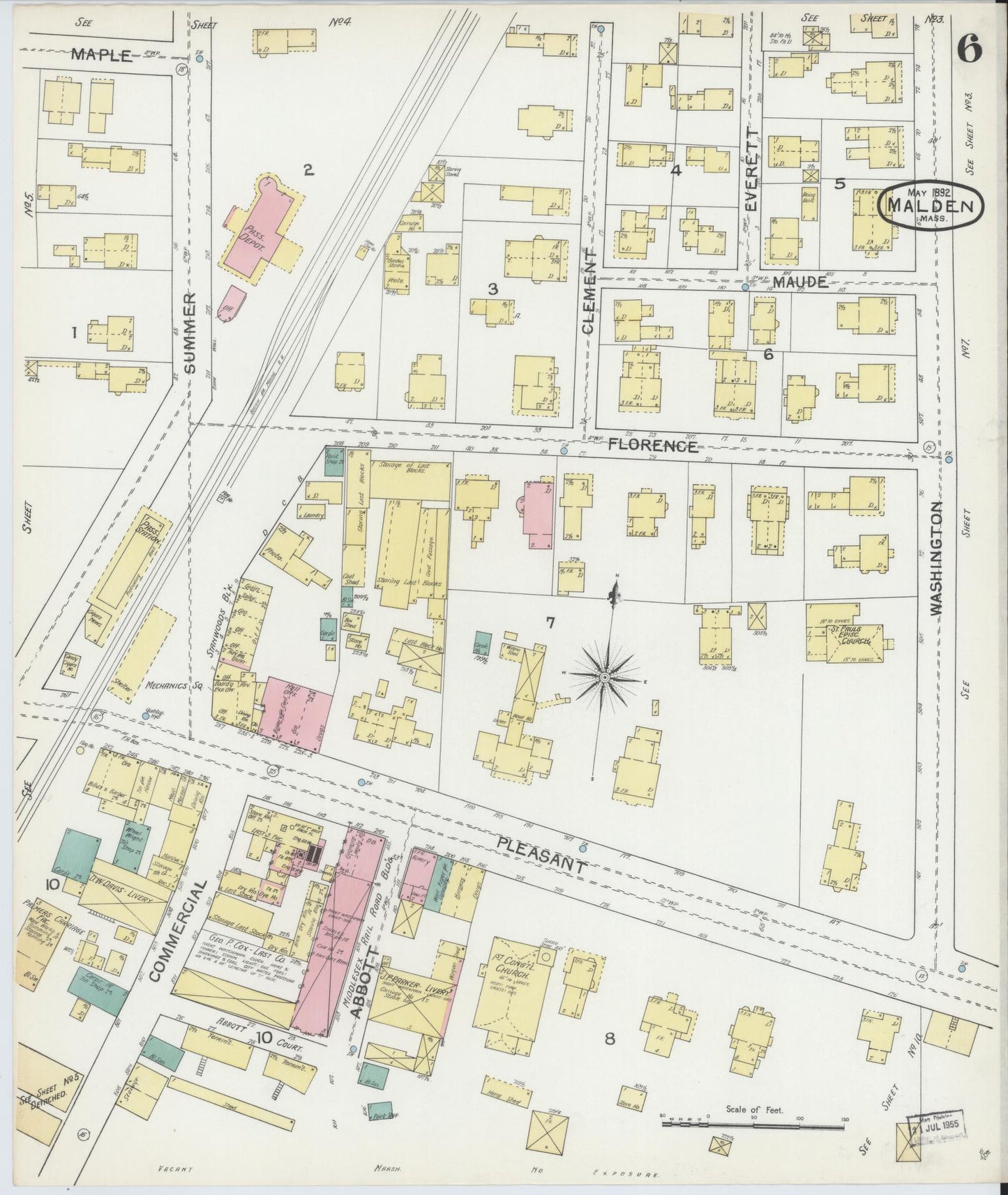 Sanborn Fire Insurance Map from Malden, Middlesex County, Massachusetts (1892), Sheet #0006 - Historic Sanborn Fire Insurance Map Print, vintage old map wall art, antique decor, genealogy gift, Massachusetts Massachusetts map