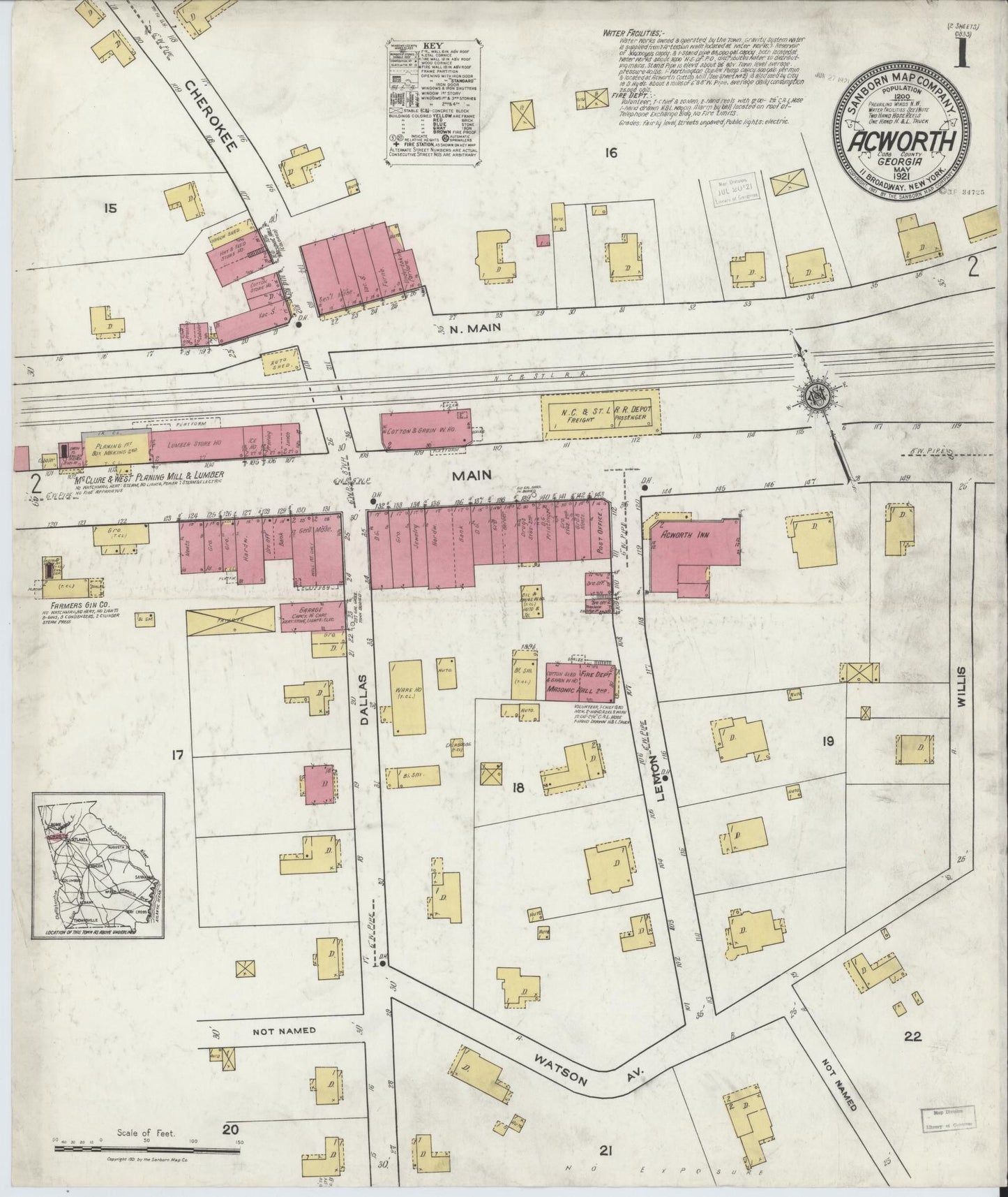 Sanborn Fire Insurance Map from Acworth, Cobb County, Georgia. (1921) – Historic Sanborn Fire Insurance Map Print