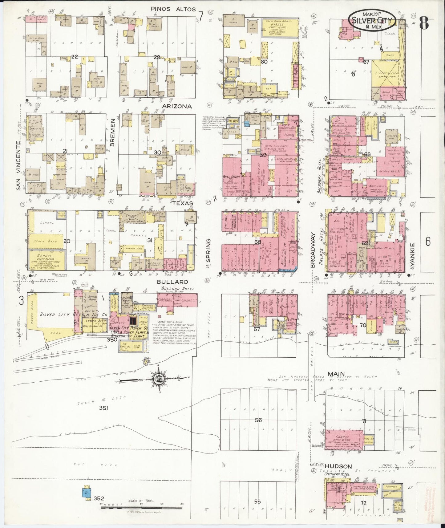 Sanborn Fire Insurance Map from Silver City, Grant County, New Mexico (1917), Sheet #0008 - Historic Sanborn Fire Insurance Map Print, vintage old map wall art, antique decor, genealogy gift, New Mexico New Mexico map