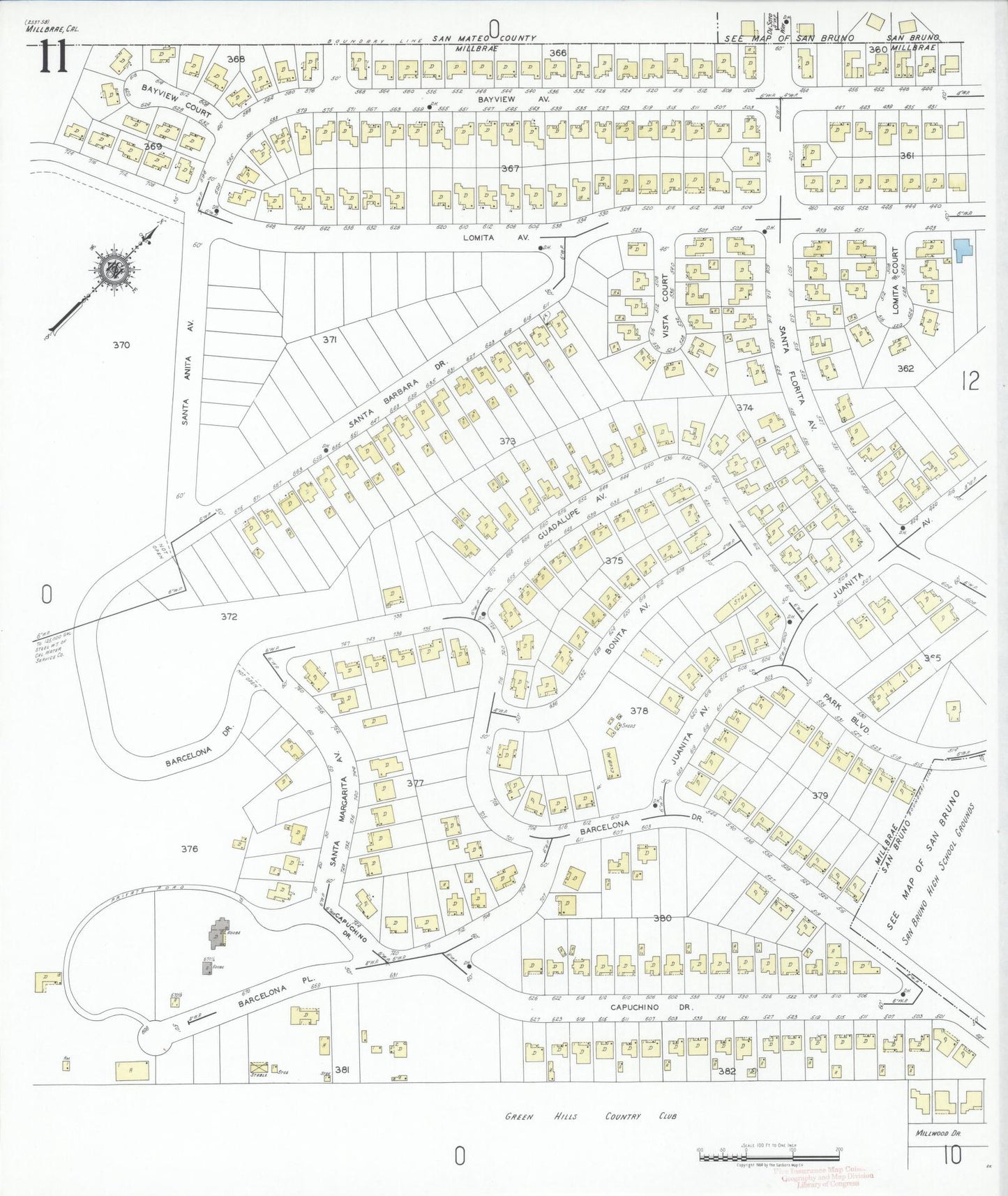 Sanborn Fire Insurance Map from Millbrae, San Mateo County, California (1949), Sheet #0011 - Historic Sanborn Fire Insurance Map Print, vintage old map wall art, antique decor, genealogy gift, California California map