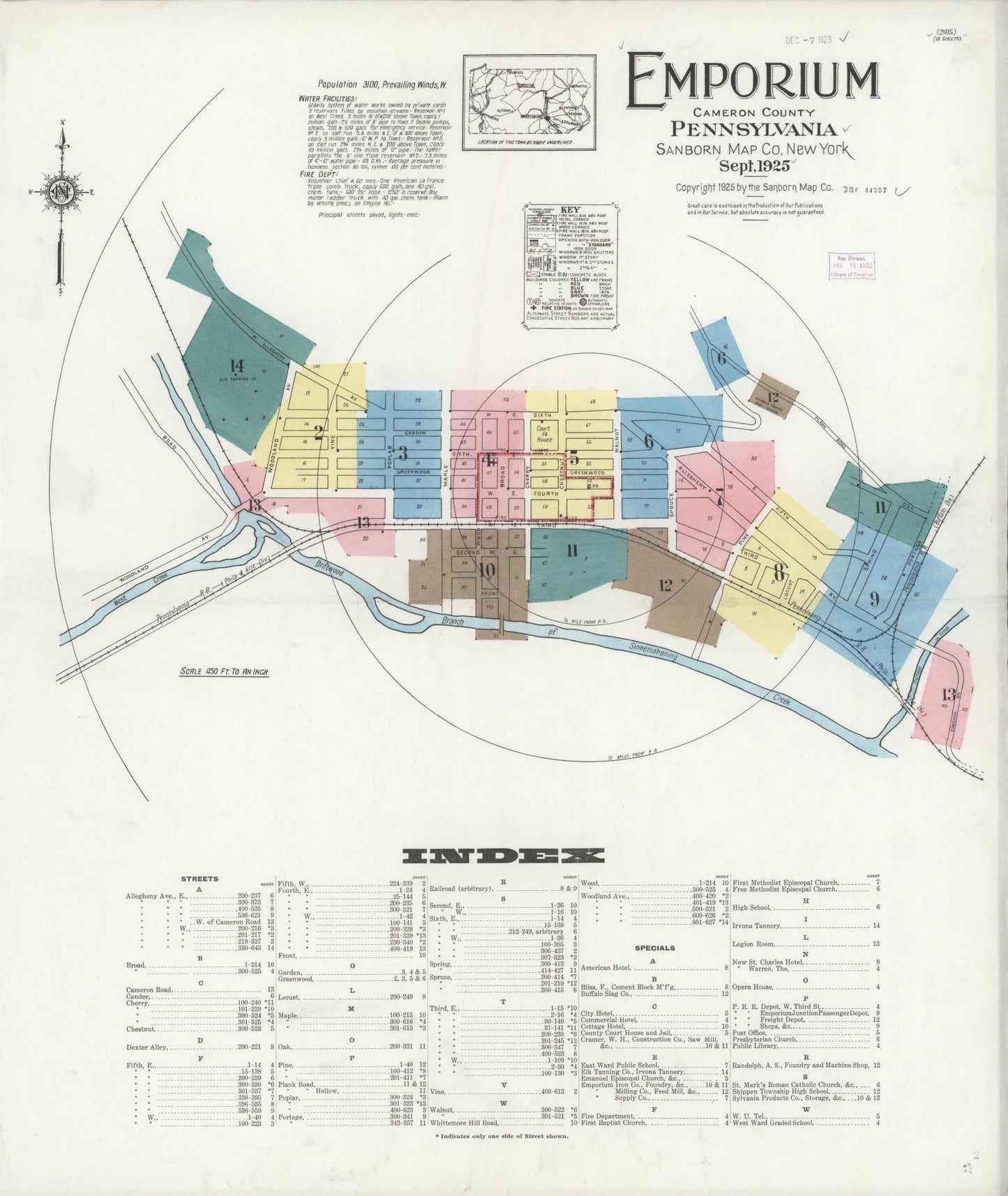 Sanborn Fire Insurance Map from Emporium, Cameron County, Pennsylvania (1925), Sheet #0001 - Historic Sanborn Fire Insurance Map Print, vintage old map wall art, antique decor, genealogy gift, Pennsylvania Pennsylvania map