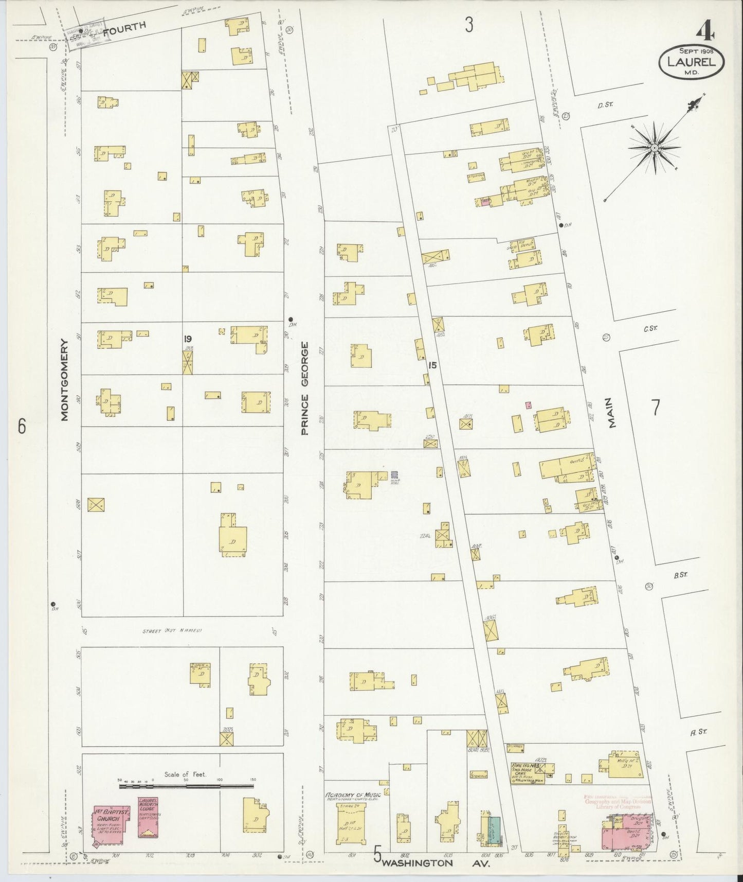 Sanborn Fire Insurance Map from Laurel, Prince Georges County, Maryland (1908), Sheet #0004 - Historic Sanborn Fire Insurance Map Print, vintage old map wall art, antique decor, genealogy gift, Maryland Maryland map
