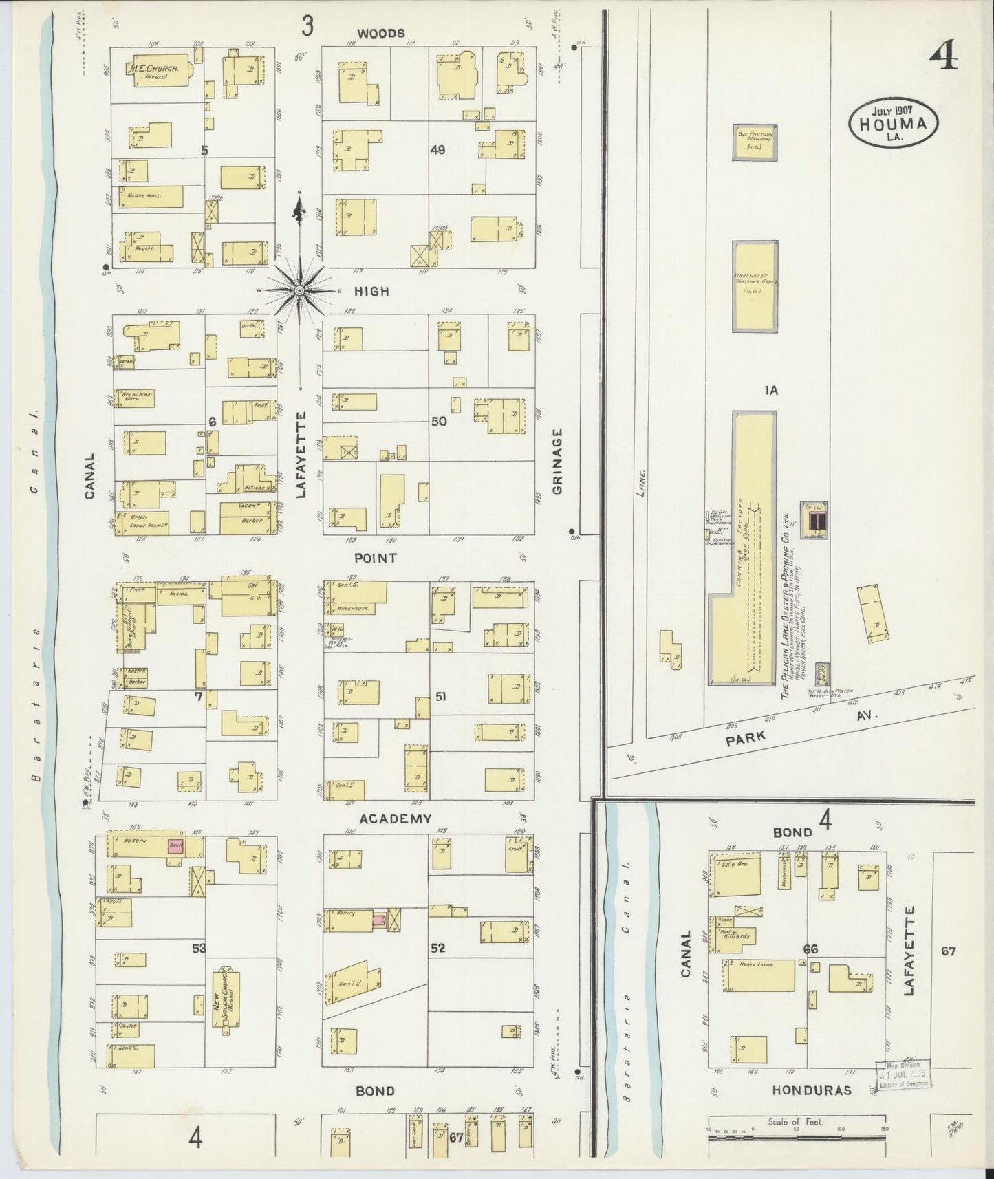 Sanborn Fire Insurance Map from Houma, Terrebonne Parish, Louisiana (1907), Sheet #0004 - Historic Sanborn Fire Insurance Map Print, vintage old map wall art, antique decor, genealogy gift, Louisiana Louisiana map