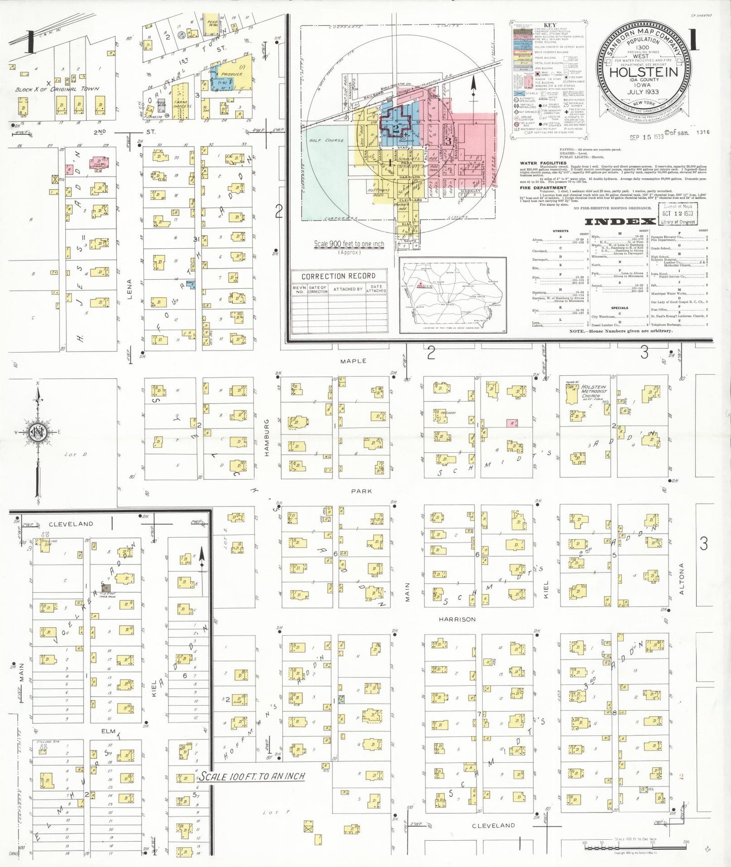 Sanborn Fire Insurance Map from Holstein, Ida County, Iowa (1933), Sheet #0001 - Historic Sanborn Fire Insurance Map Print, vintage old map wall art