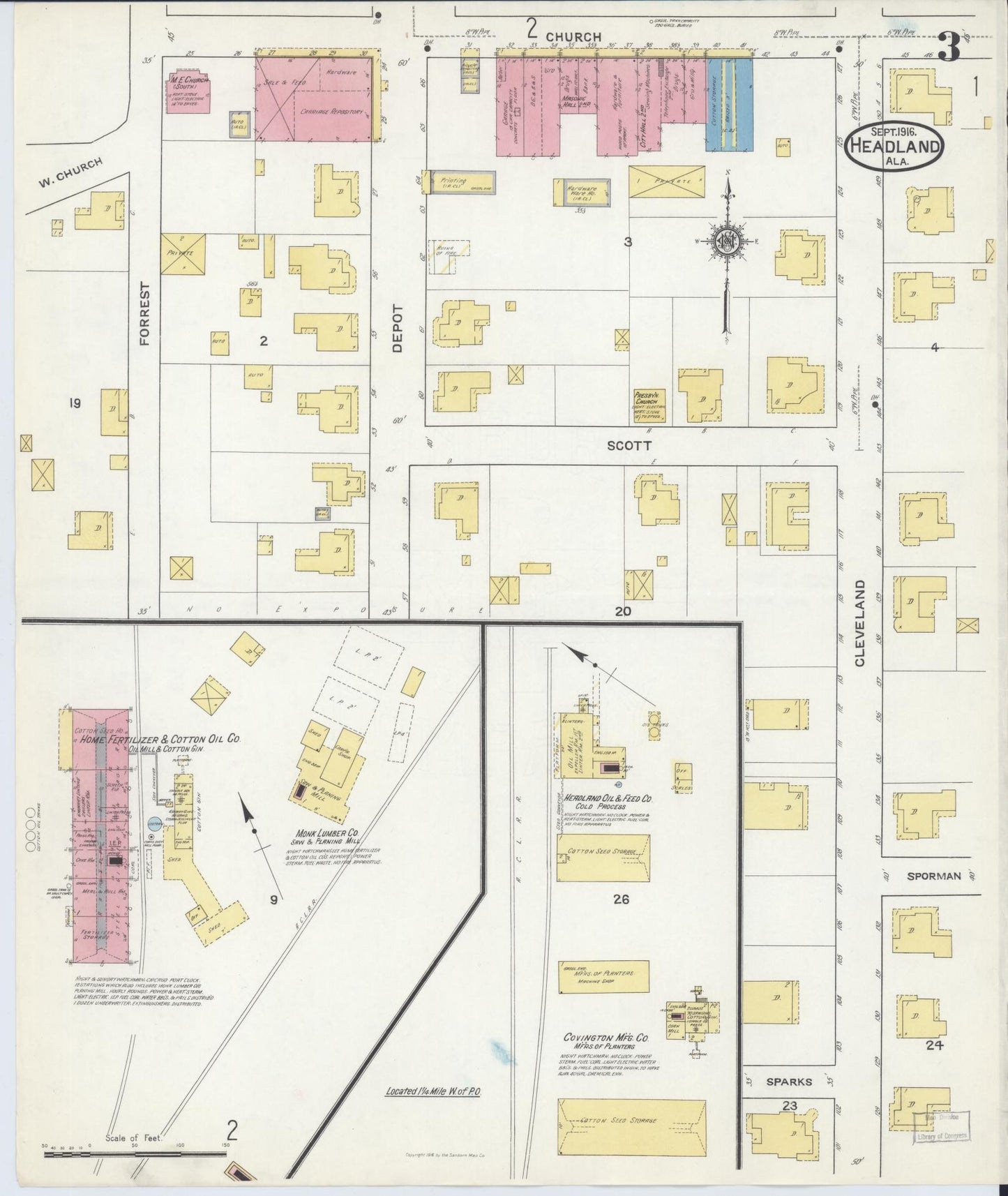 Sanborn Fire Insurance Map from Headland, Henry County, Alabama (1916), Sheet #0003 - Historic Sanborn Fire Insurance Map Print, vintage old map wall art, antique decor, genealogy gift, Alabama Alabama map