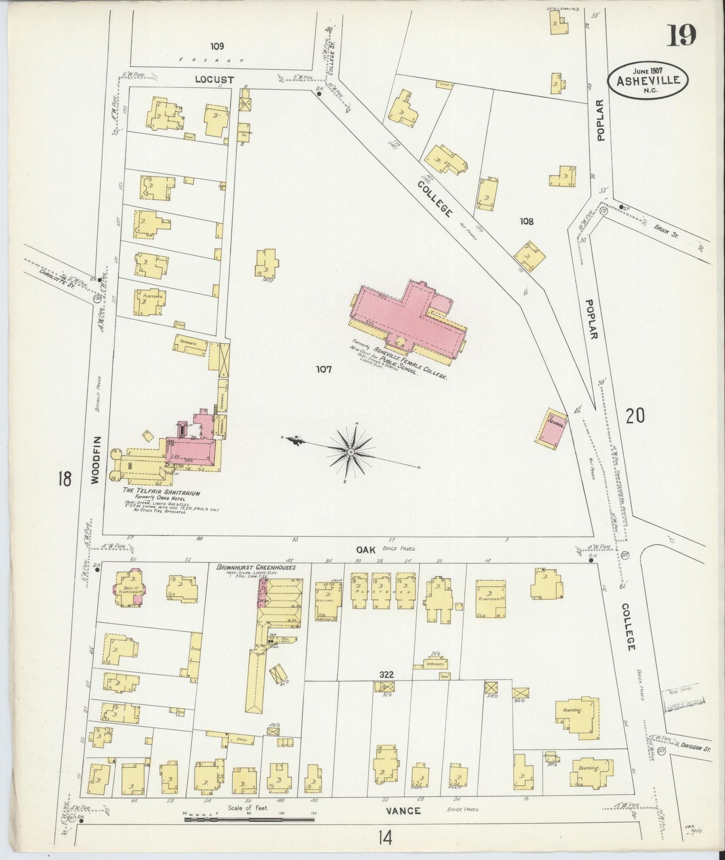 Sanborn Fire Insurance Map from Asheville, Buncombe County, North Carolina (1907), Sheet #0019 - Historic Sanborn Fire Insurance Map Print, vintage old map wall art, antique decor, genealogy gift, North Carolina North Carolina map