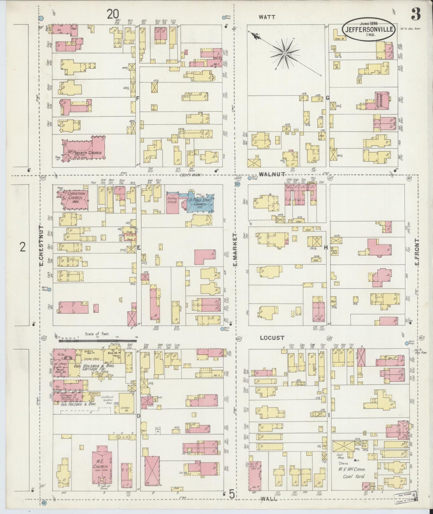 Sanborn Fire Insurance Map from Jeffersonville, Clark County, Indiana (1898), Sheet #0003 - Historic Sanborn Fire Insurance Map Print, vintage old map wall art, antique decor, genealogy gift, Indiana Indiana map
