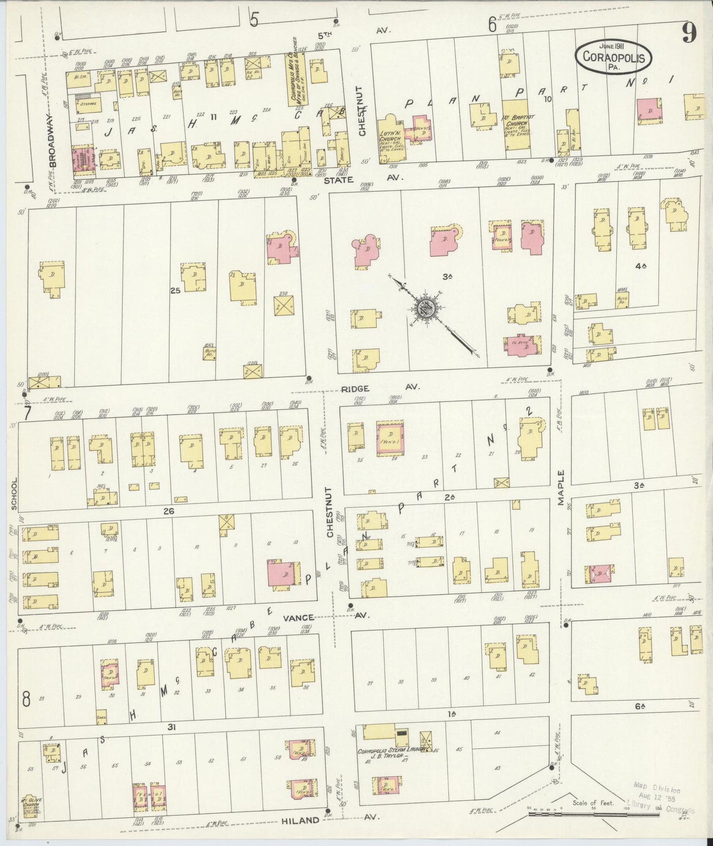 Sanborn Fire Insurance Map from Coraopolis, Allegheny County, Pennsylvania (1911), Sheet #0009 - Historic Sanborn Fire Insurance Map Print, vintage old map wall art, antique decor, genealogy gift, Pennsylvania Pennsylvania map