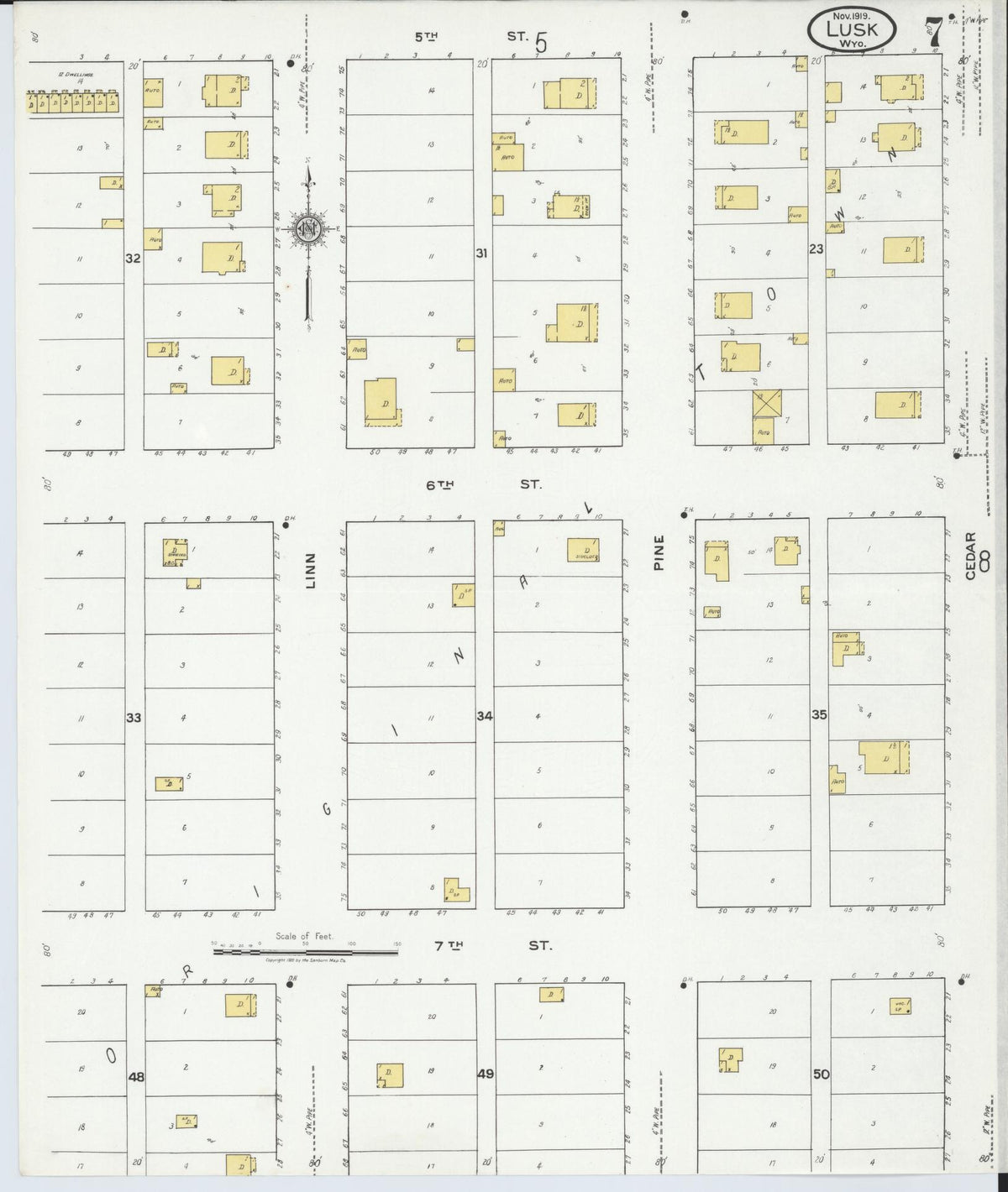 Sanborn Fire Insurance Map from Lusk, Niobrara County, Wyoming (1919), Sheet #0007 - Historic Sanborn Fire Insurance Map Print, vintage old map wall art, antique decor, genealogy gift, Wyoming Wyoming map