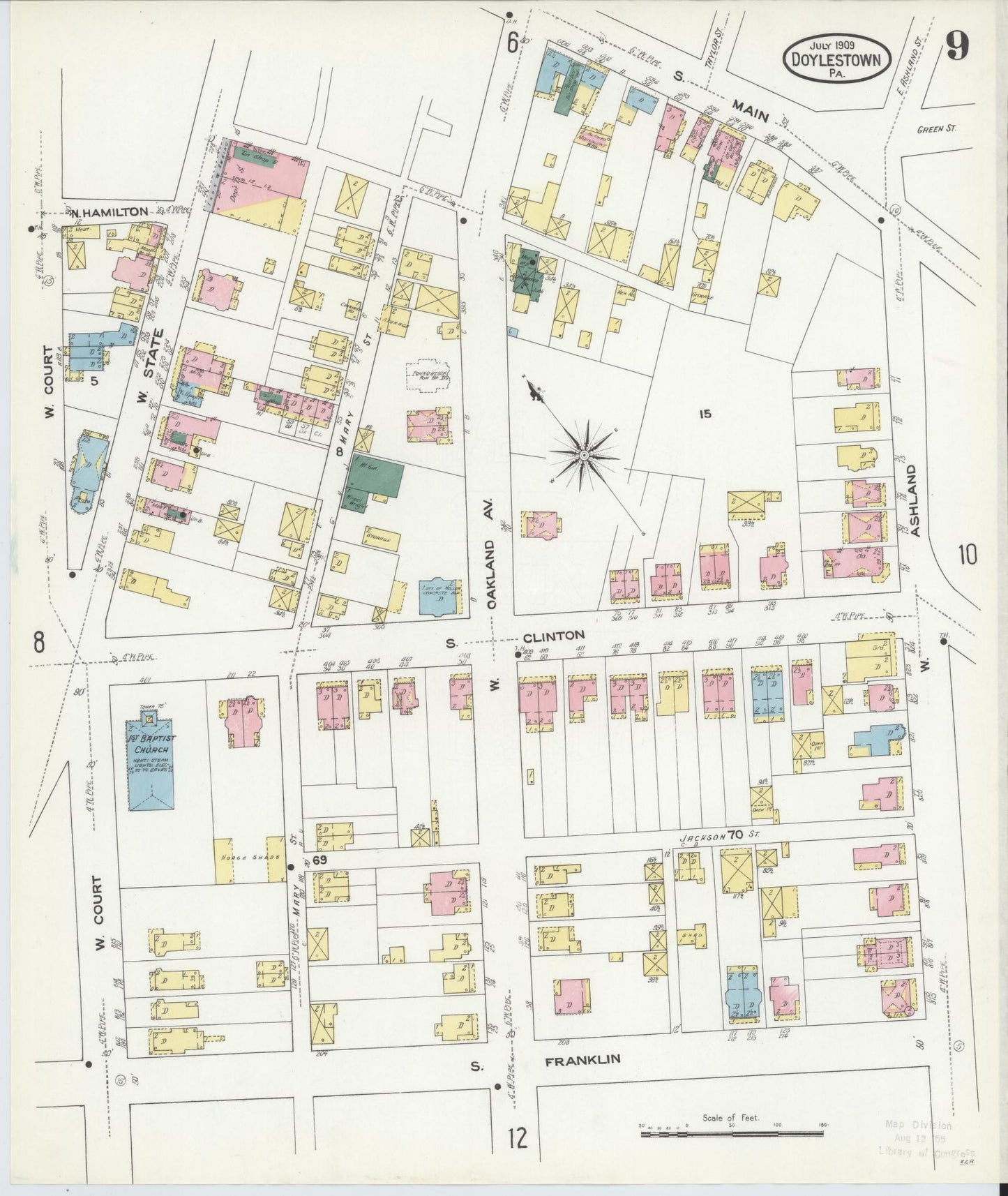 Sanborn Fire Insurance Map from Doylestown, Bucks County, Pennsylvania (1909), Sheet #0009 - Historic Sanborn Fire Insurance Map Print, vintage old map wall art, antique decor, genealogy gift, Pennsylvania Pennsylvania map