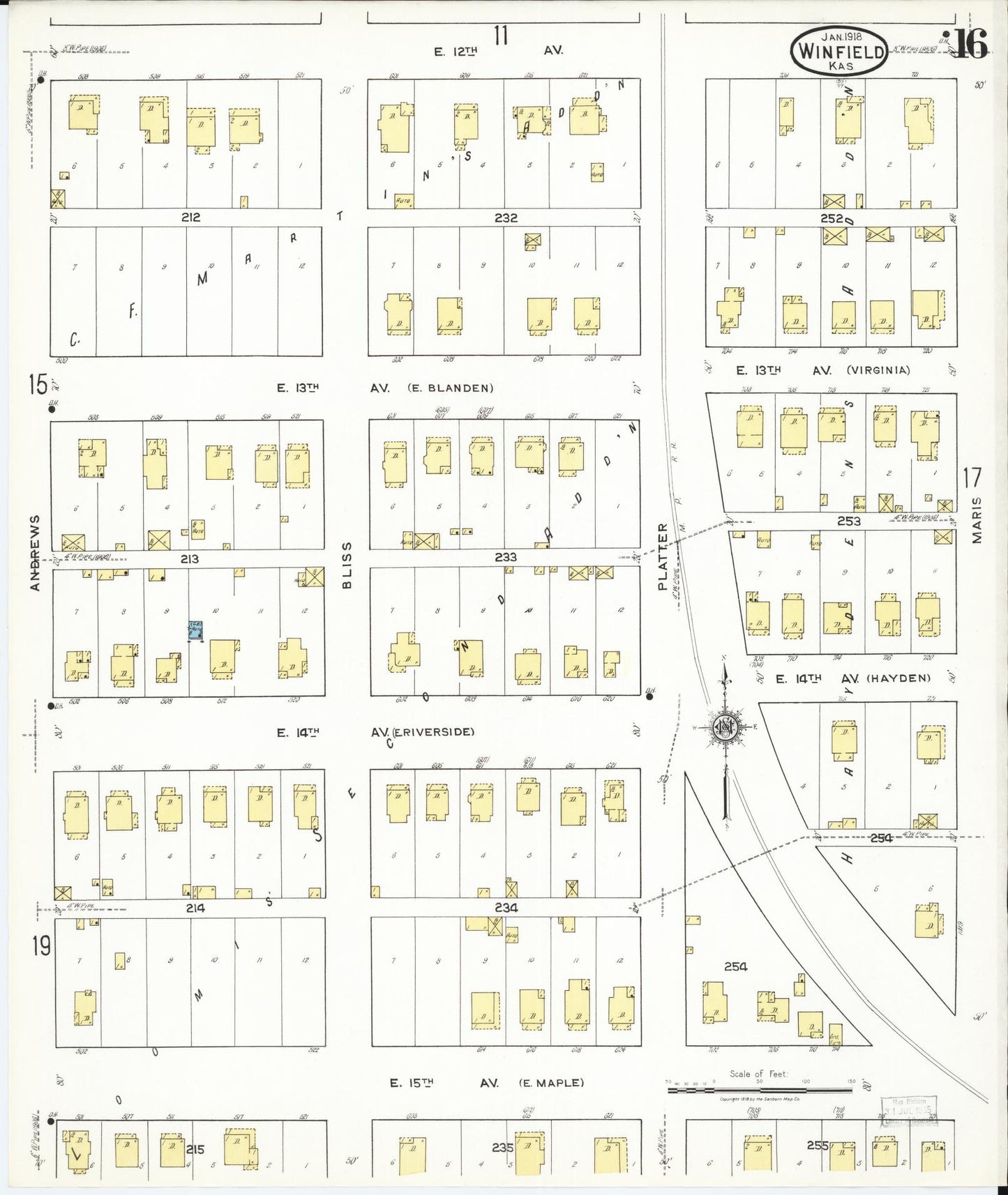 Sanborn Fire Insurance Map from Winfield, Cowley County, Kansas (1918), Sheet #0016 - Historic Sanborn Fire Insurance Map Print, vintage old map wall art, antique decor, genealogy gift, Kansas Kansas map