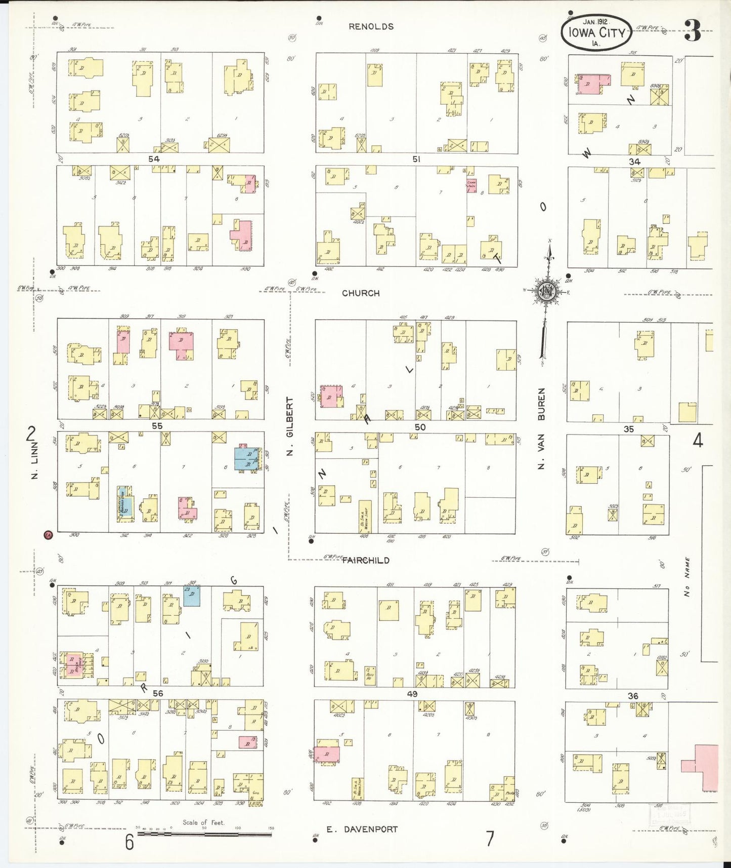 Sanborn Fire Insurance Map from Iowa City, Johnson County, Iowa (1912), Sheet #0003 - Historic Sanborn Fire Insurance Map Print, vintage old map wall art