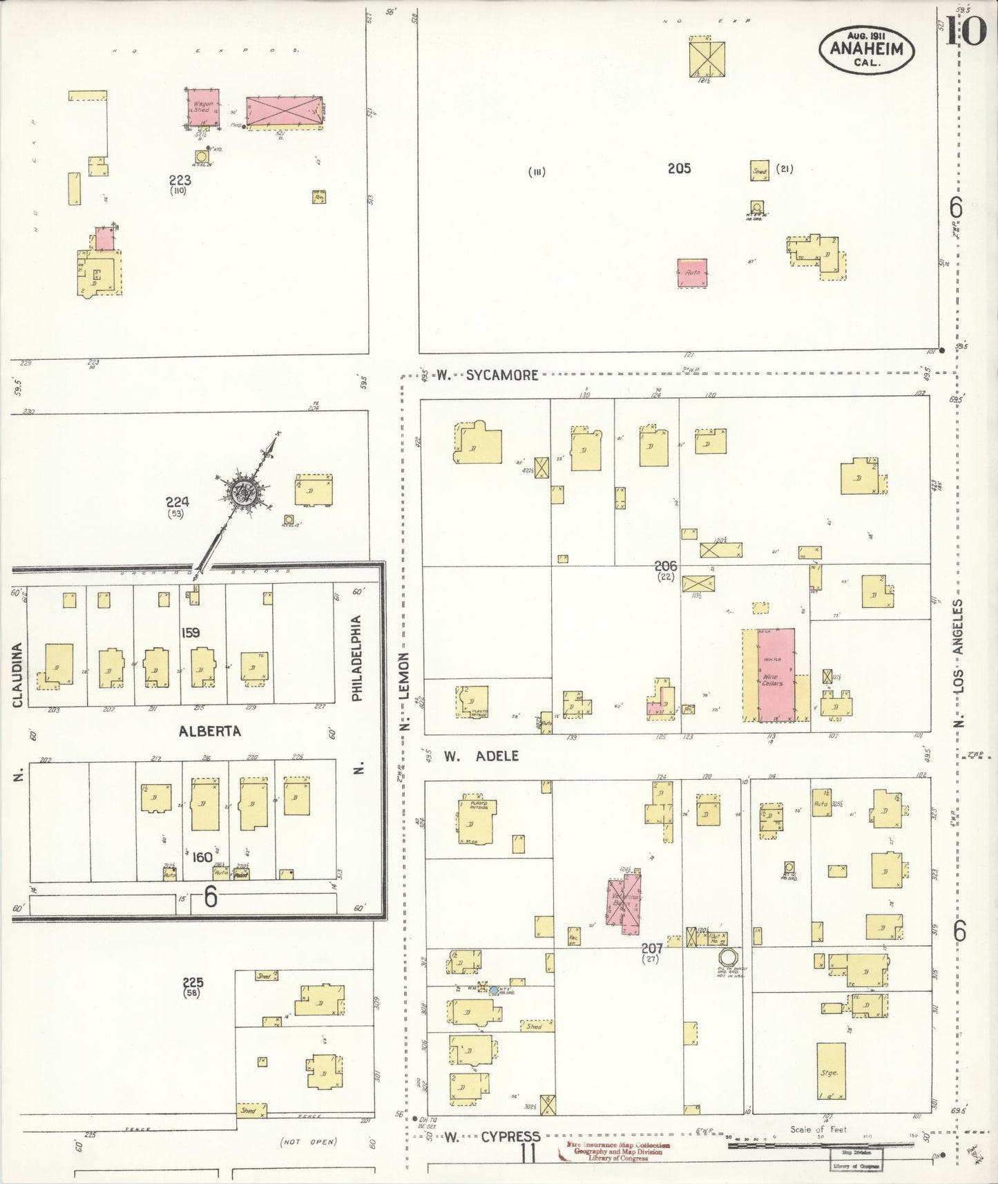 Sanborn Fire Insurance Map from Anaheim, Orange County, California (1911), Sheet #0010 - Historic Sanborn Fire Insurance Map Print, vintage old map wall art, antique decor, genealogy gift, California California map