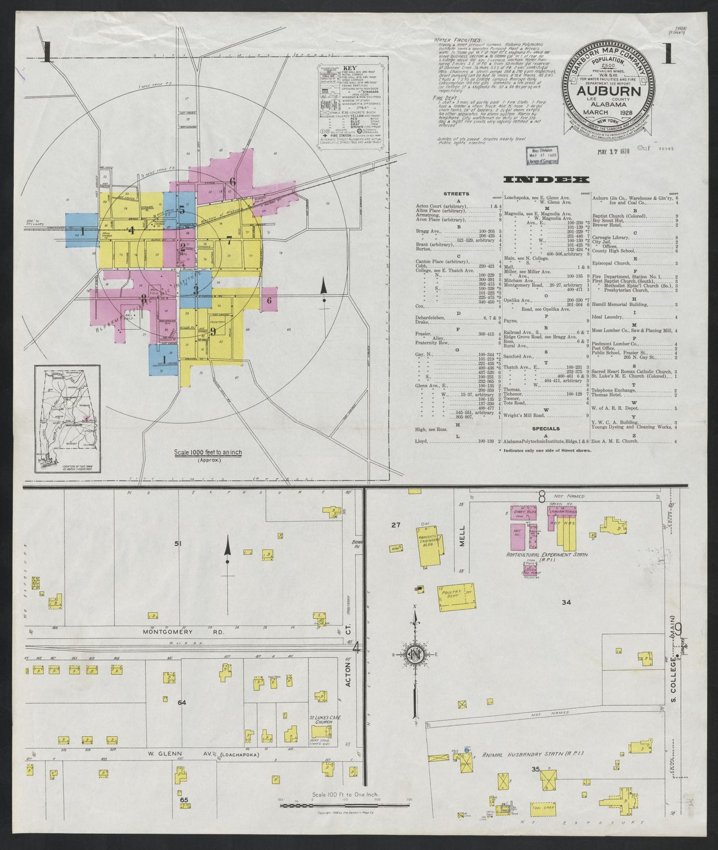 Sanborn Fire Insurance Map from Auburn, Lee County, Alabama (1928), Sheet #0001 - Historic Sanborn Fire Insurance Map Print, vintage old map wall art, antique decor, genealogy gift, Alabama Alabama map