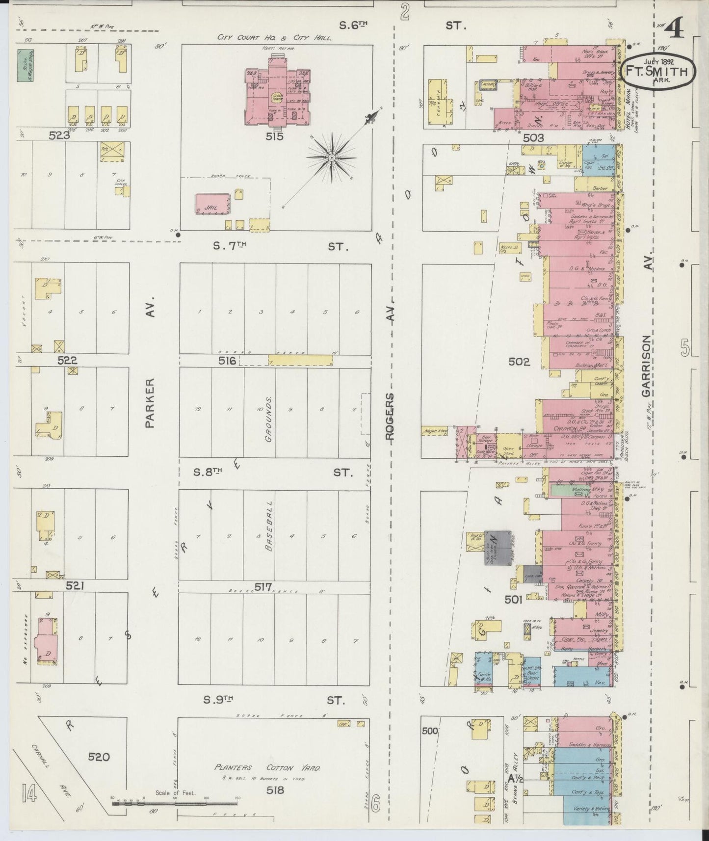 Sanborn Fire Insurance Map from Fort Smith, Sebastian County, Arkansas (1892), Sheet #0004 - Historic Sanborn Fire Insurance Map Print, vintage old map wall art, antique decor, genealogy gift, Arkansas Arkansas map