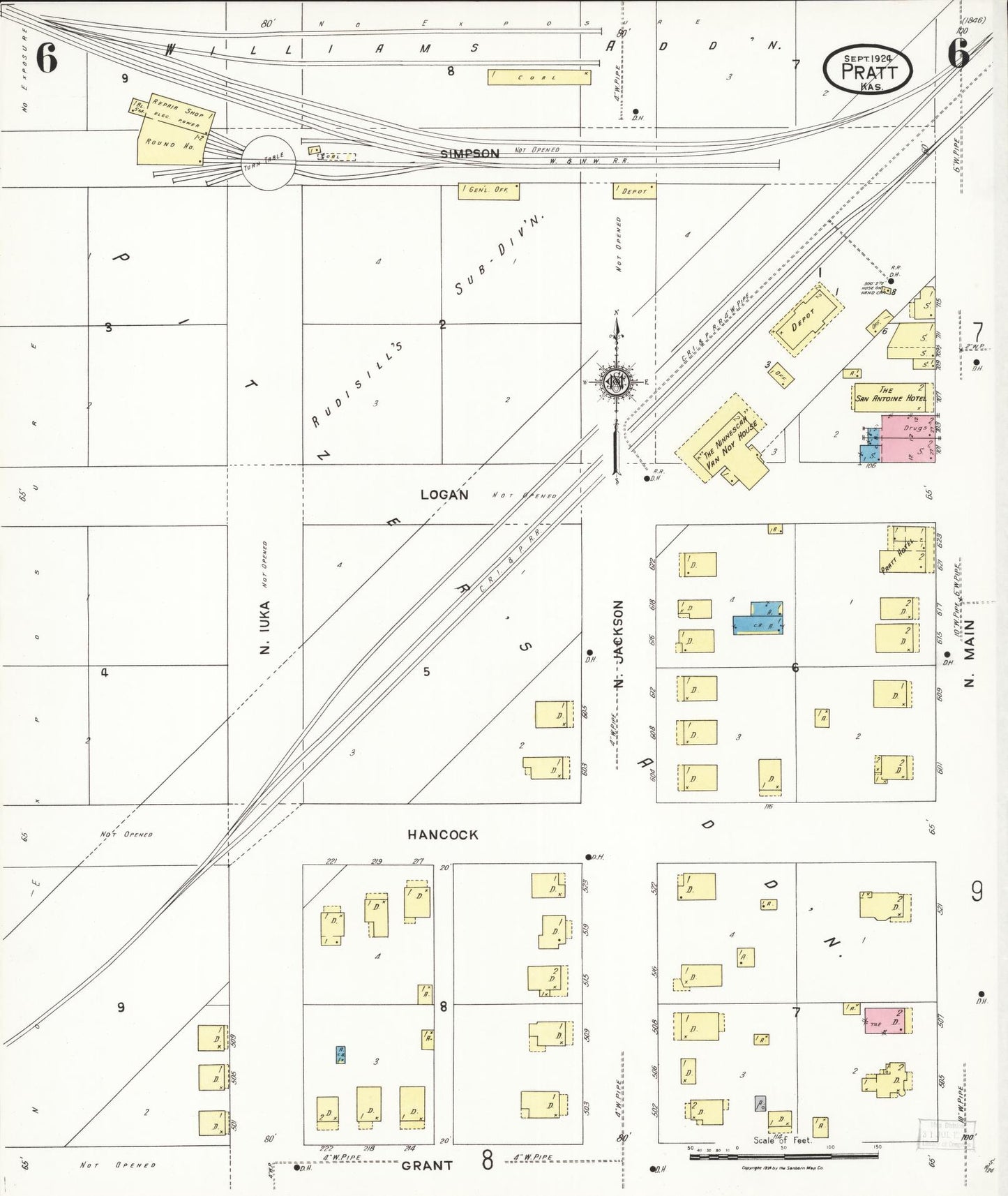 Sanborn Fire Insurance Map from Pratt, Pratt County, Kansas (1924), Sheet #0006 - Historic Sanborn Fire Insurance Map Print, vintage old map wall art, antique decor, genealogy gift, Kansas Kansas map
