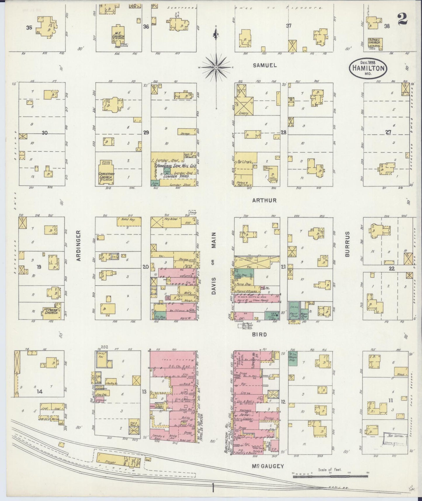 Sanborn Fire Insurance Map from Hamilton, Caldwell County, Missouri (1898), Sheet #0002 - Historic Sanborn Fire Insurance Map Print, vintage old map wall art, antique decor, genealogy gift, Missouri Missouri map