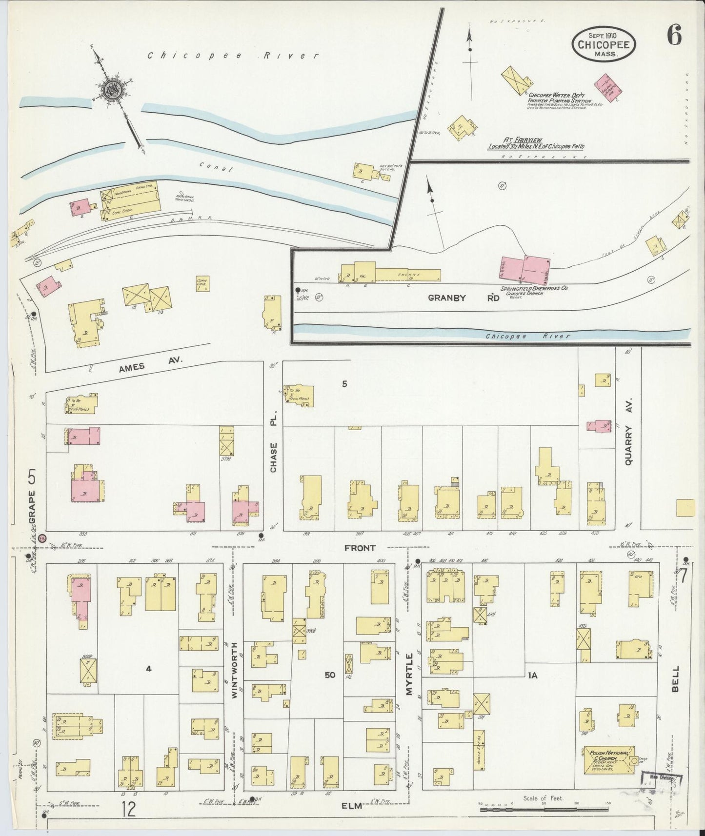Sanborn Fire Insurance Map from Chicopee, Hampden County, Massachusetts (1910), Sheet #0006 - Historic Sanborn Fire Insurance Map Print, vintage old map wall art, antique decor, genealogy gift, Massachusetts Massachusetts map