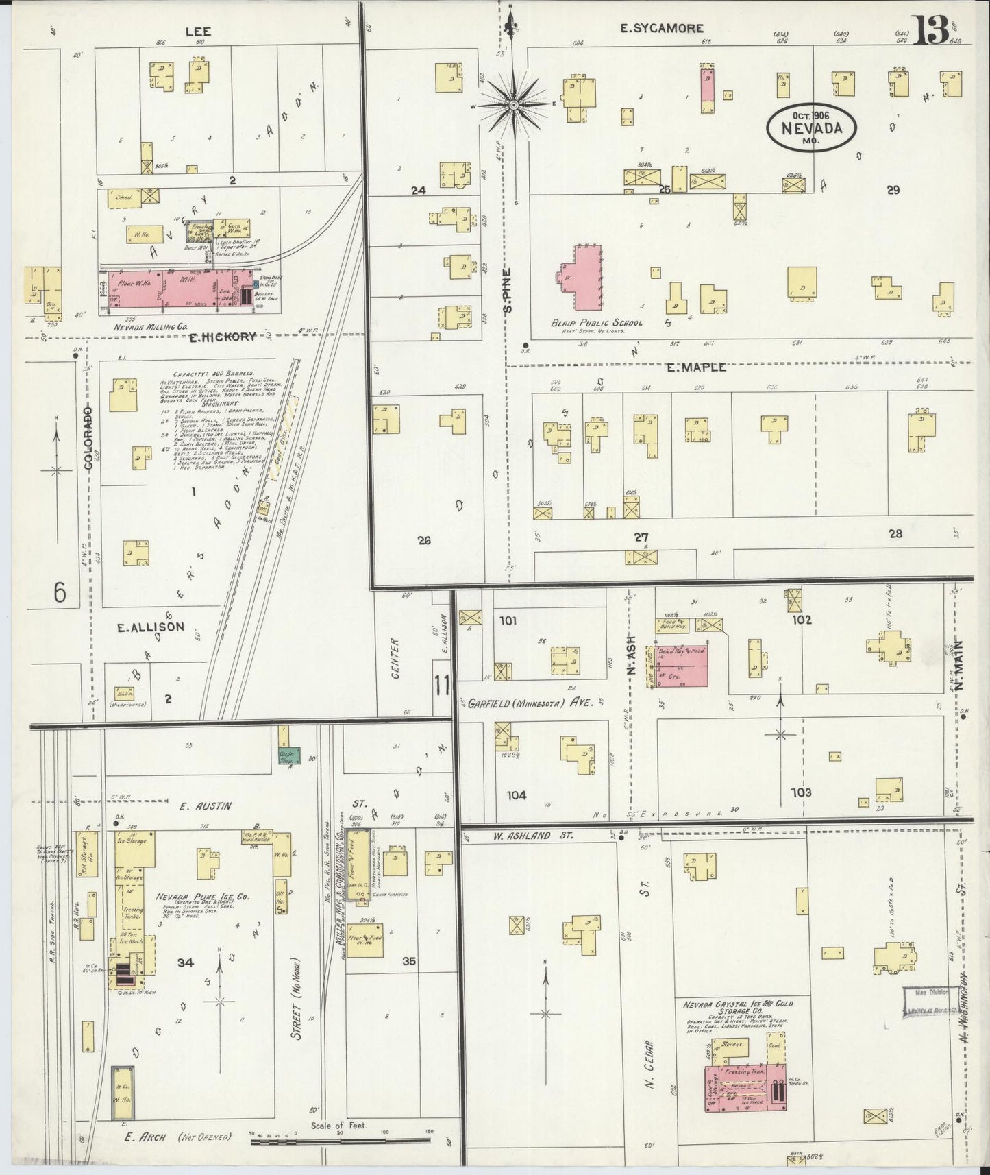 Sanborn Fire Insurance Map from Nevada, Vernon County, Missouri (1906), Sheet #0013 - Historic Sanborn Fire Insurance Map Print, vintage old map wall art, antique decor, genealogy gift, Nevada Nevada map