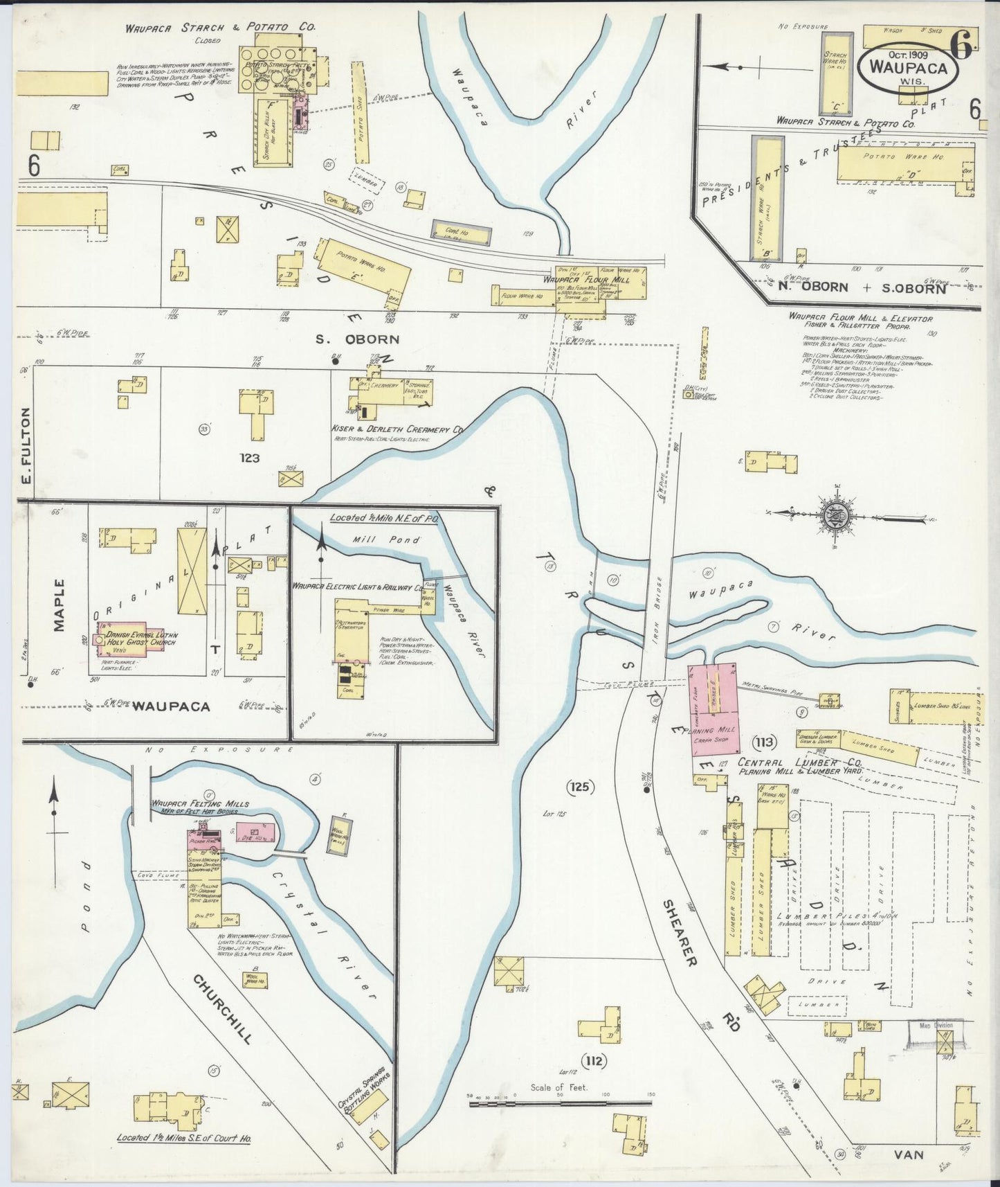 Sanborn Fire Insurance Map from Waupaca, Waupaca County, Wisconsin (1909), Sheet #0006 - Historic Sanborn Fire Insurance Map Print, vintage old map wall art, antique decor, genealogy gift, Wisconsin Wisconsin map