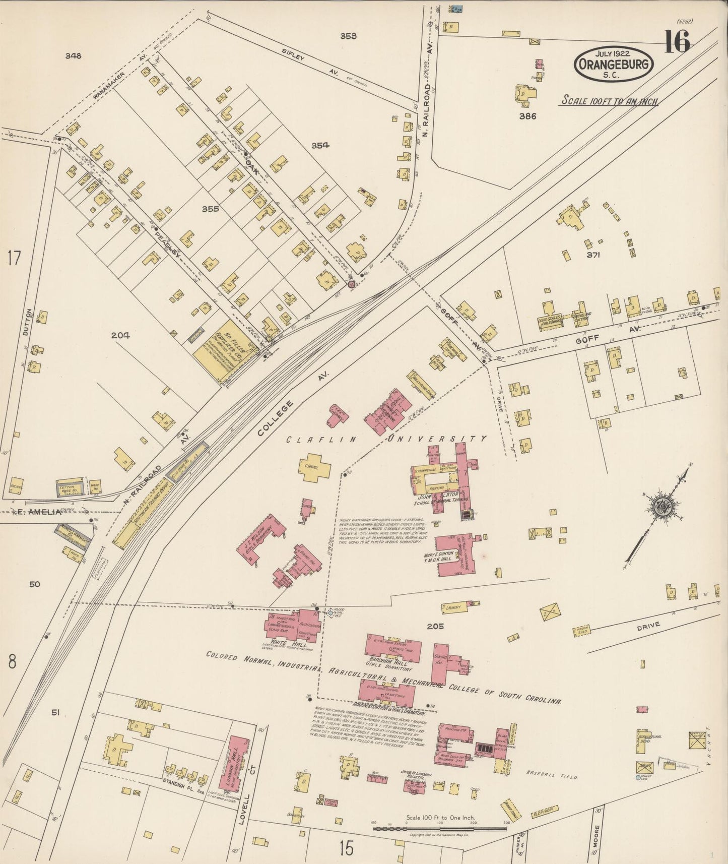 Sanborn Fire Insurance Map from Orangeburg, Orangeburg County, South Carolina (1922), Sheet #0016 - Historic Sanborn Fire Insurance Map Print, vintage old map wall art, antique decor, genealogy gift, South Carolina South Carolina map