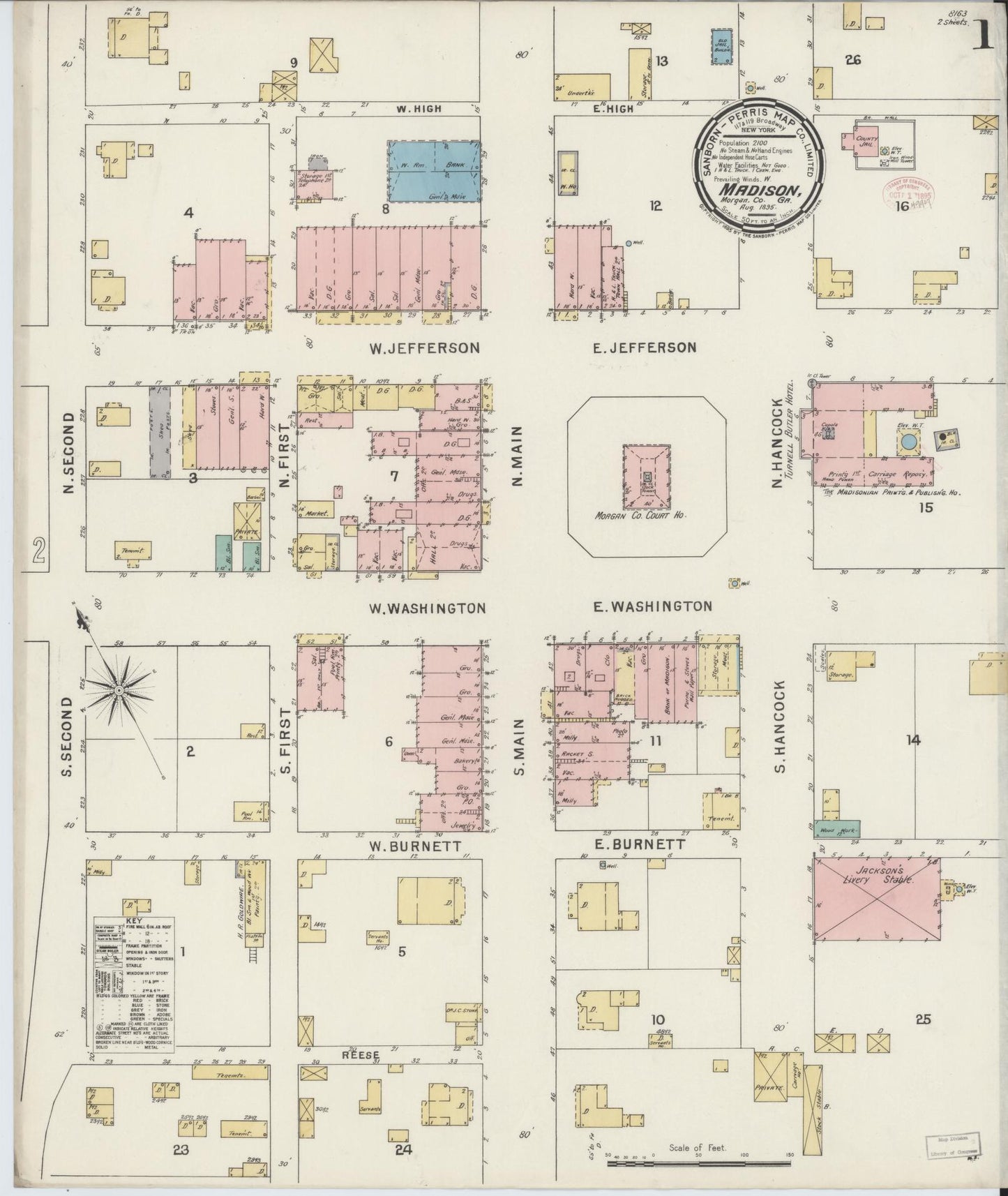 Sanborn Fire Insurance Map from Madison, Morgan County, Georgia (1895), Sheet #0001 - Historic Sanborn Fire Insurance Map Print, vintage old map wall art, antique decor, genealogy gift, Georgia Georgia map