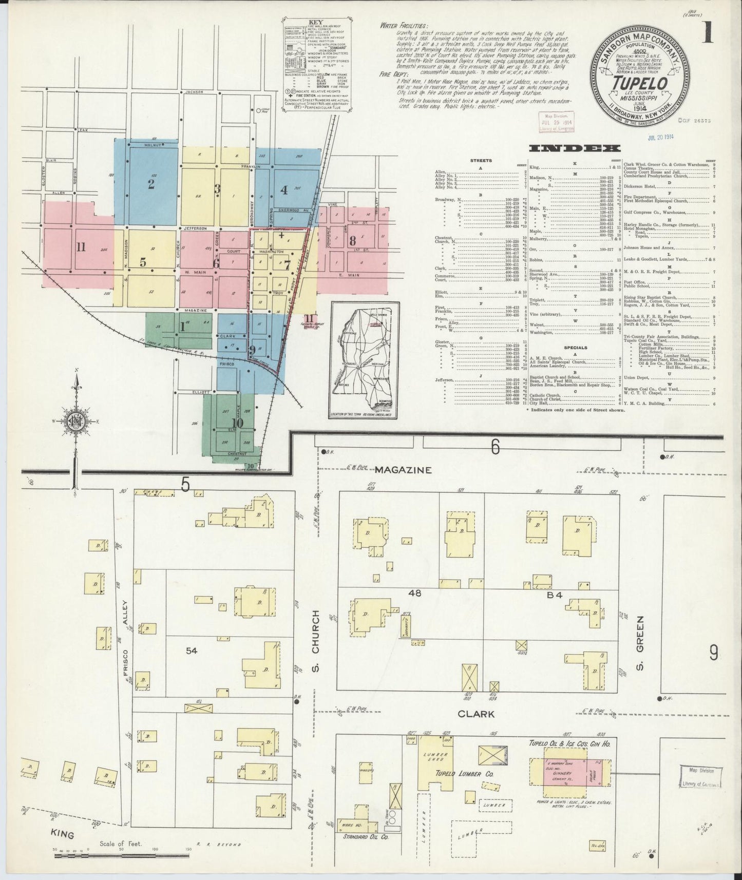 Sanborn Fire Insurance Map from Tupelo, Lee County, Mississippi (1914), Sheet #0001 - Historic Sanborn Fire Insurance Map Print, vintage old map wall art, antique decor, genealogy gift, Mississippi Mississippi map