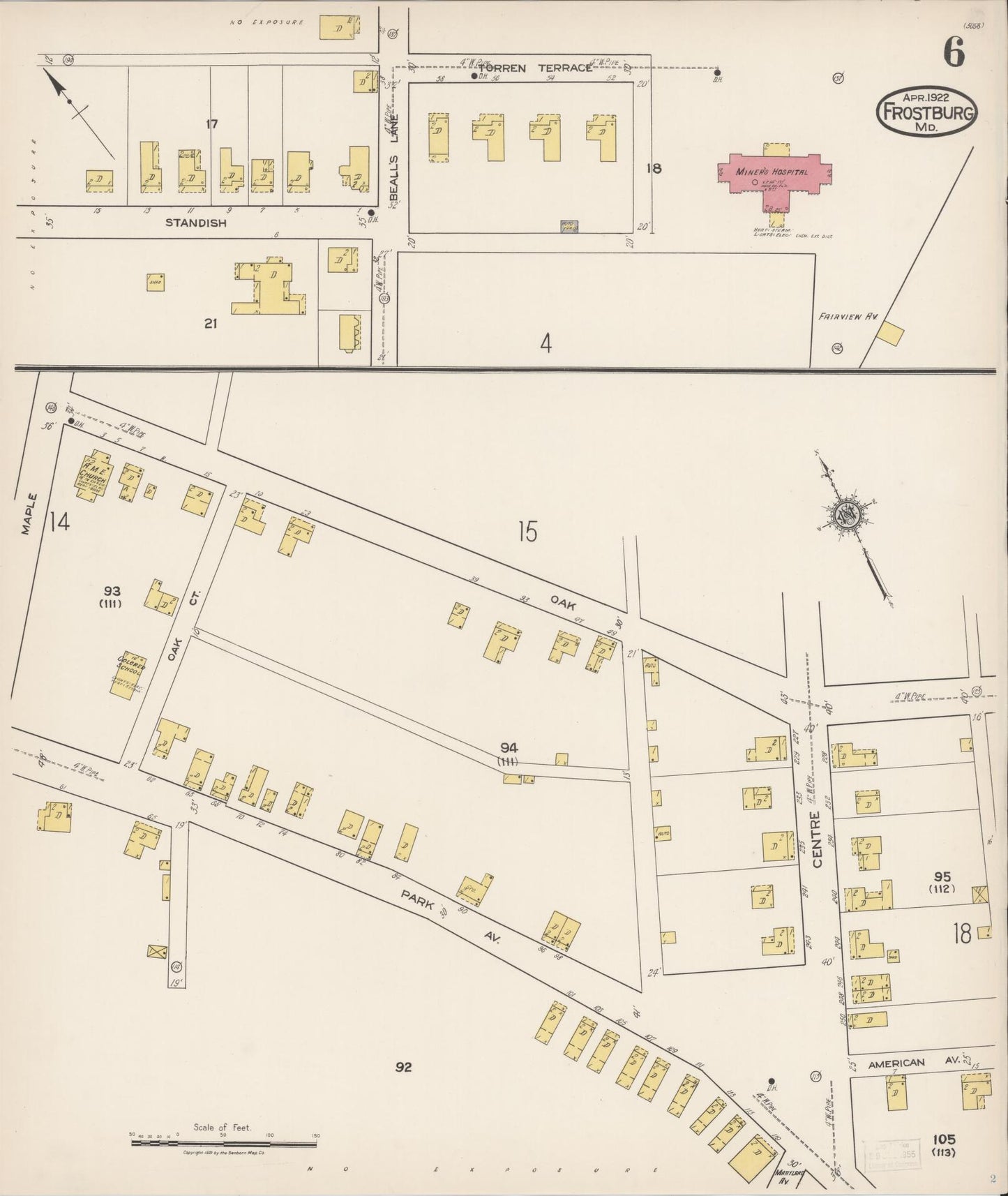 Sanborn Fire Insurance Map from Frostburg, Allegany County, Maryland (1922), Sheet #0006 - Historic Sanborn Fire Insurance Map Print, vintage old map wall art