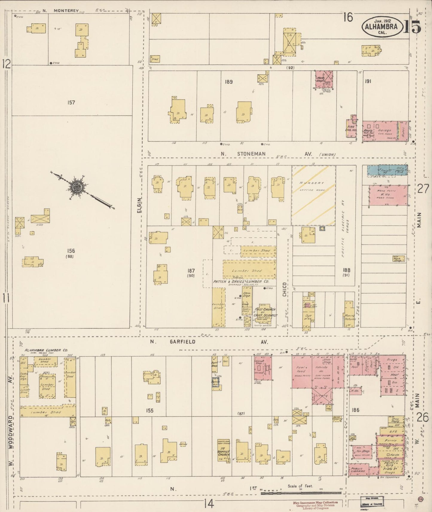 Sanborn Fire Insurance Map from Alhambra, Los Angeles County, California (1912), Sheet #0015 - Historic Sanborn Fire Insurance Map Print, vintage old map wall art, antique decor, genealogy gift, California California map