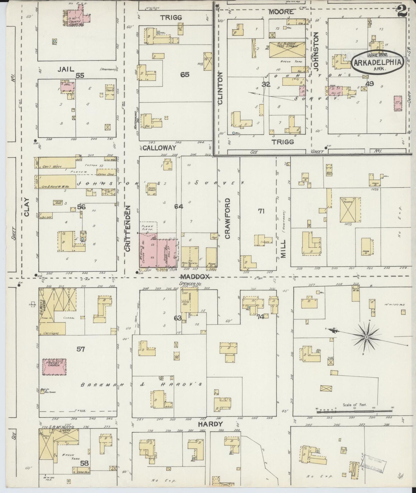 Sanborn Fire Insurance Map from Arkadelphia, Clark County, Arkansas (1892), Sheet #0002 - Historic Sanborn Fire Insurance Map Print, vintage old map wall art, antique decor, genealogy gift, Arkansas Arkansas map