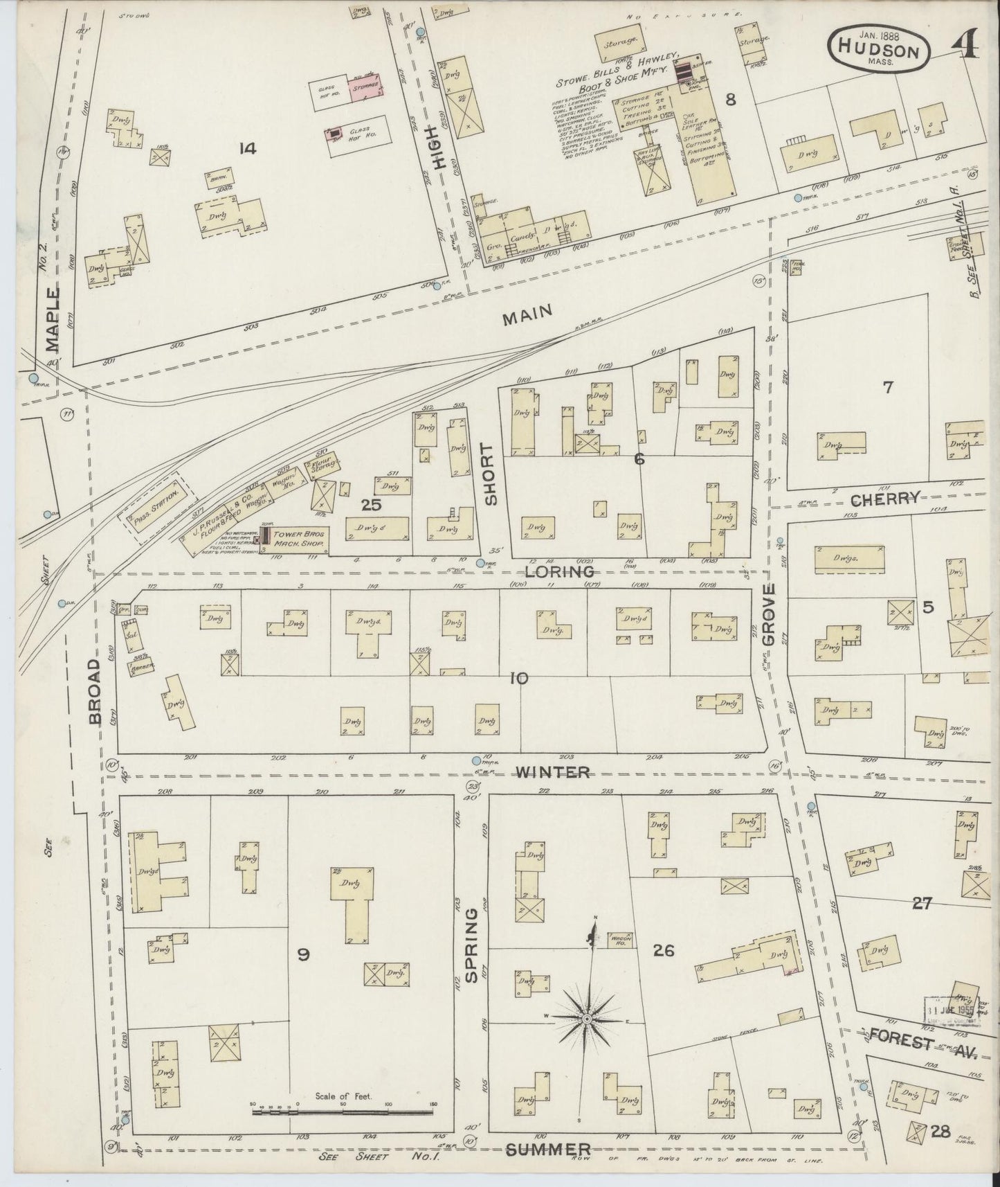 Sanborn Fire Insurance Map from Hudson, Middlesex County, Massachusetts (1888), Sheet #0004 - Historic Sanborn Fire Insurance Map Print, vintage old map wall art, antique decor, genealogy gift, Massachusetts Massachusetts map