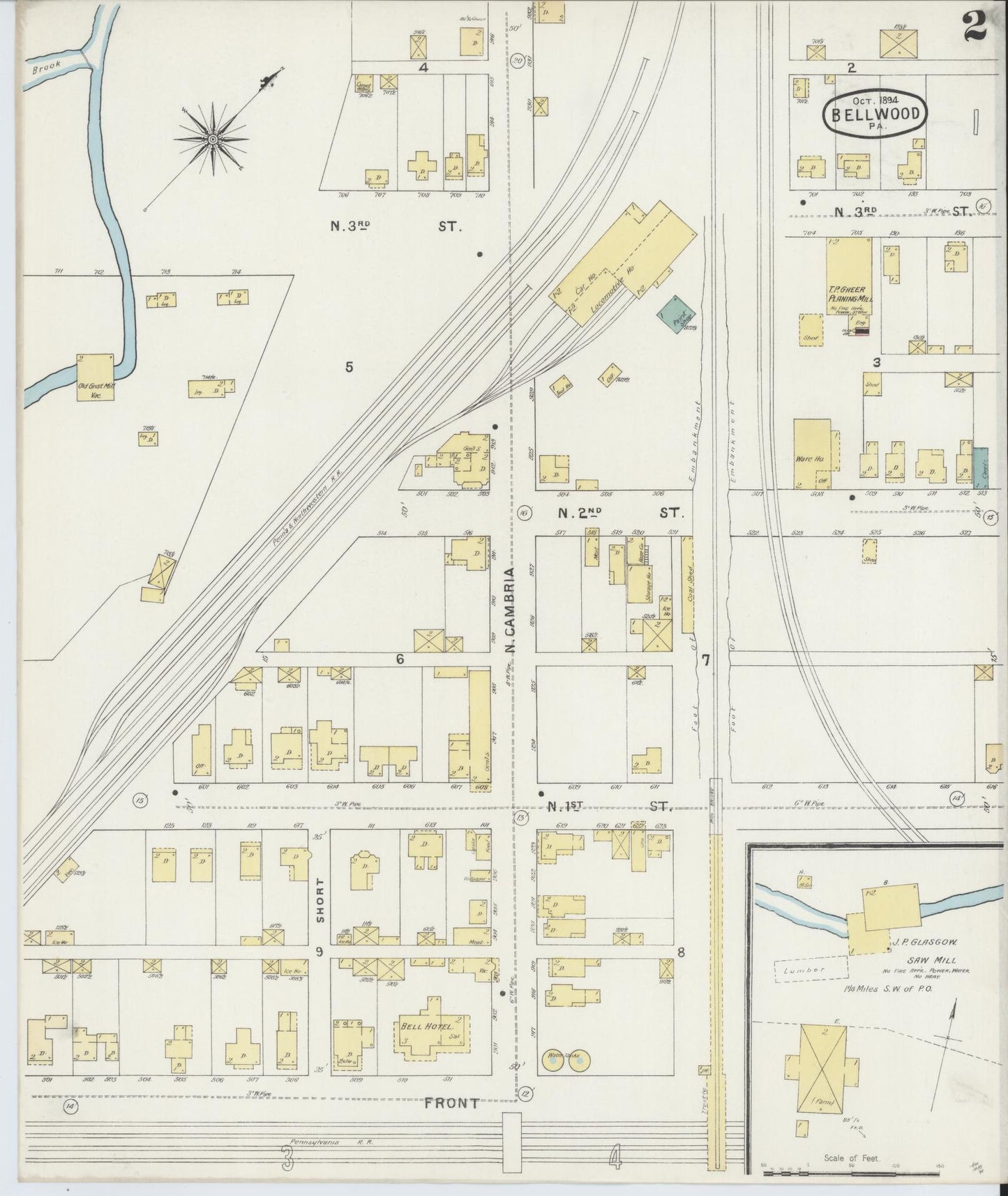 Sanborn Fire Insurance Map from Bellwood, Blair County, Pennsylvania (1894), Sheet #0002 - Historic Sanborn Fire Insurance Map Print, vintage old map wall art, antique decor, genealogy gift, Pennsylvania Pennsylvania map