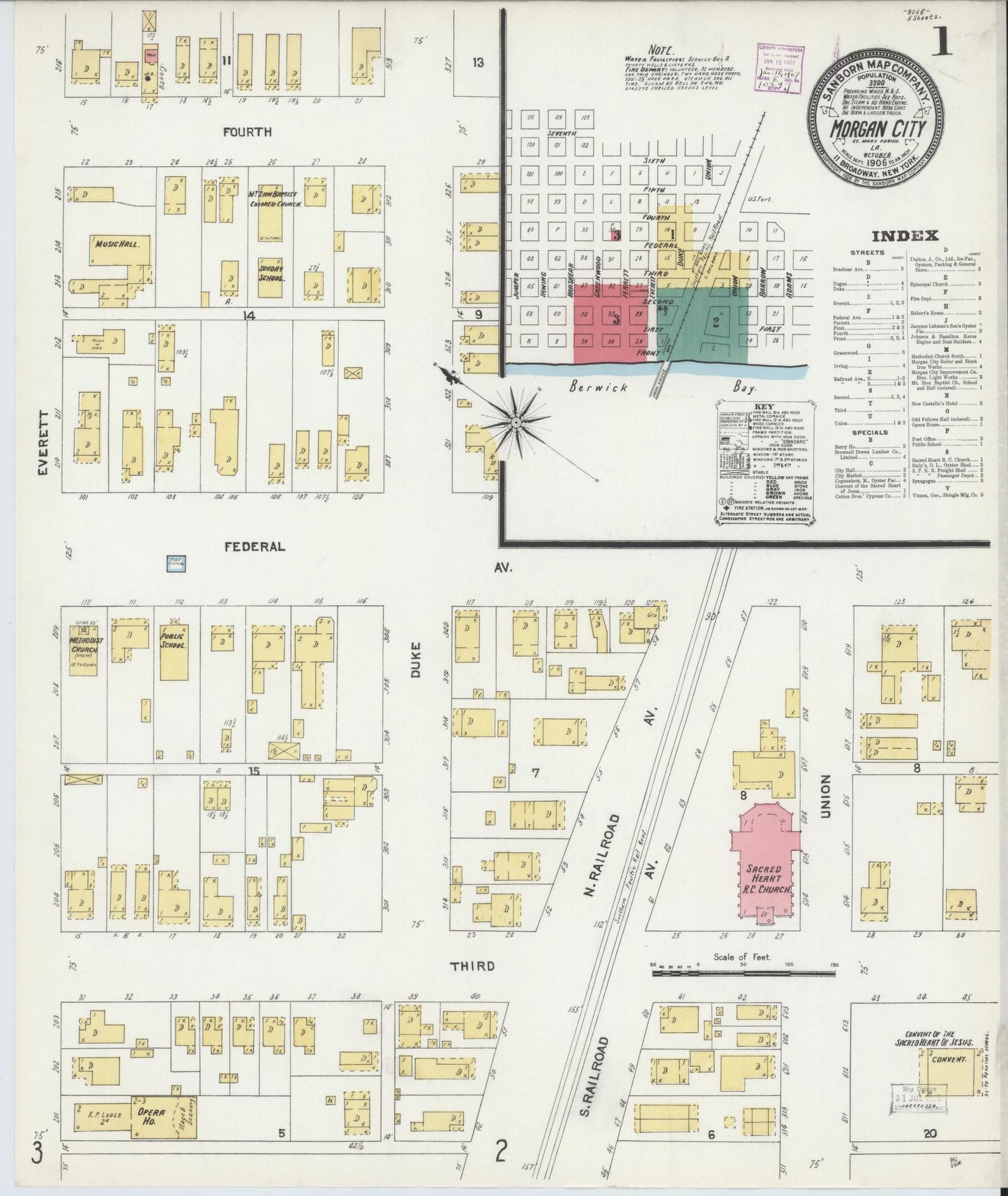 Sanborn Fire Insurance Map from Morgan City, Saint Mary Parish, Louisiana (1906), Sheet #0001 - Historic Sanborn Fire Insurance Map Print, vintage old map wall art, antique decor, genealogy gift, Louisiana Louisiana map