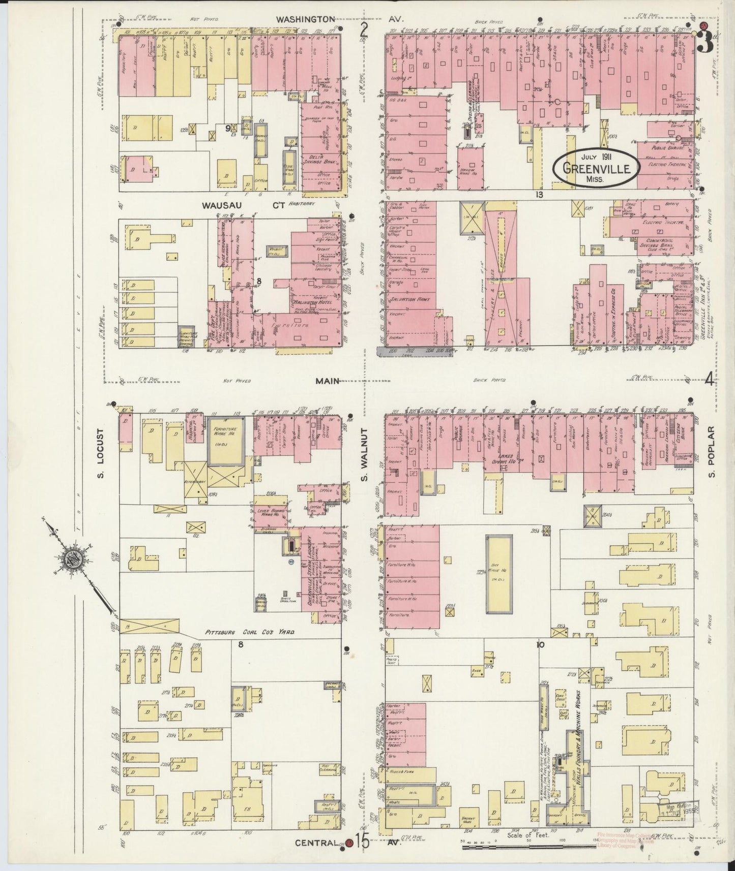 Sanborn Fire Insurance Map from Greenville, Washington County, Mississippi (1911), Sheet #0003 - Historic Sanborn Fire Insurance Map Print, vintage old map wall art, antique decor, genealogy gift, Mississippi Mississippi map