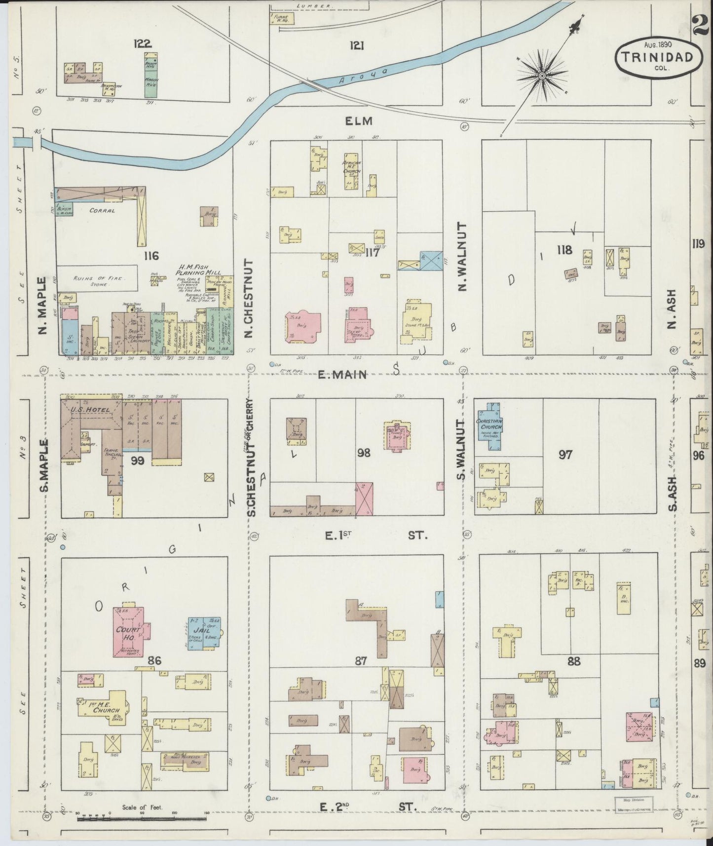 Sanborn Fire Insurance Map from Trinidad, Las Animas County, Colorado (1890), Sheet #0002 - Historic Sanborn Fire Insurance Map Print, vintage old map wall art, antique decor, genealogy gift, Colorado Colorado map