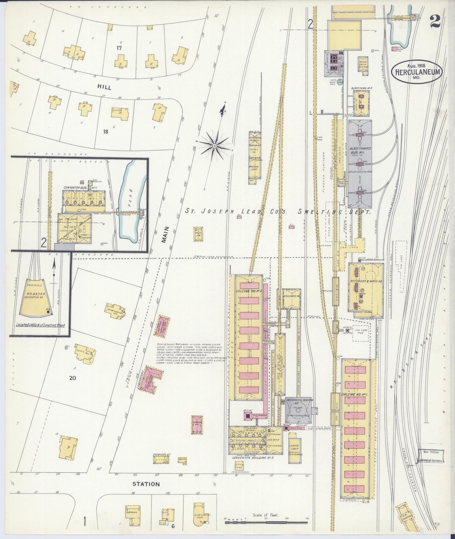 Sanborn Fire Insurance Map from Herculaneum, Jefferson County, Missouri (1908), Sheet #0002 - Historic Sanborn Fire Insurance Map Print, vintage old map wall art, antique decor, genealogy gift, Missouri Missouri map