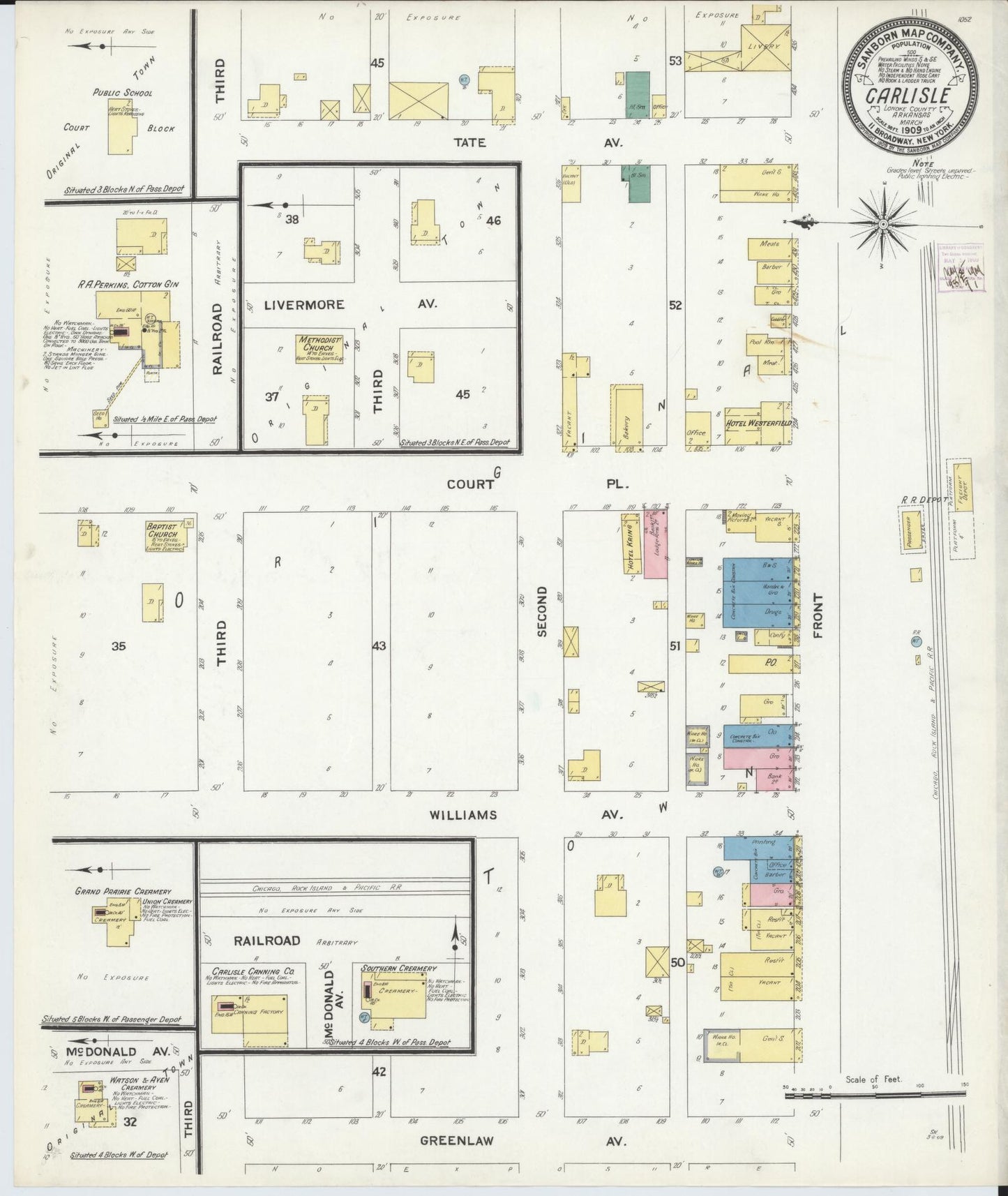 Sanborn Fire Insurance Map from Carlisle, Lonoke County, Arkansas (1909), Sheet #0001 - Historic Sanborn Fire Insurance Map Print, vintage old map wall art, antique decor, genealogy gift, Arkansas Arkansas map