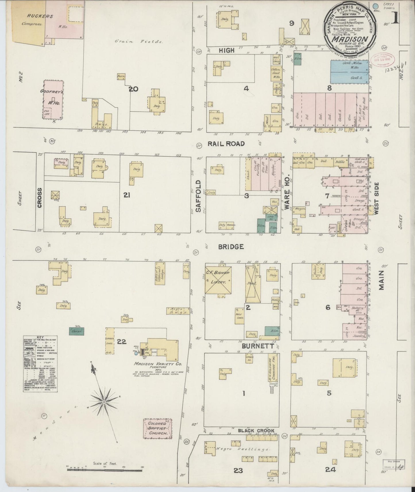 Sanborn Fire Insurance Map from Madison, Morgan County, Georgia (1890), Sheet #0001 - Historic Sanborn Fire Insurance Map Print, vintage old map wall art, antique decor, genealogy gift, Georgia Georgia map